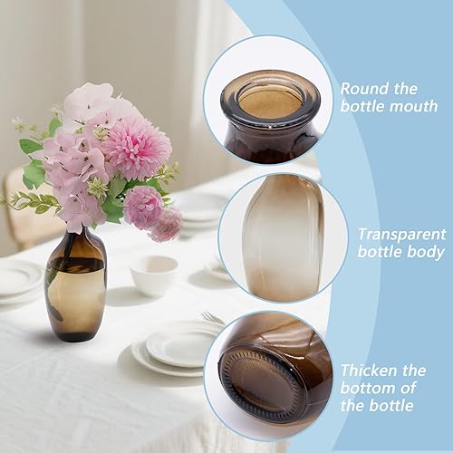 Miniatura 7 de Juego de 3 jarrones de vidrio ámbar, pequeños jarrones de vidrio para flores, jarrones vintage para centros de mesa, jarrón de flores a granel para