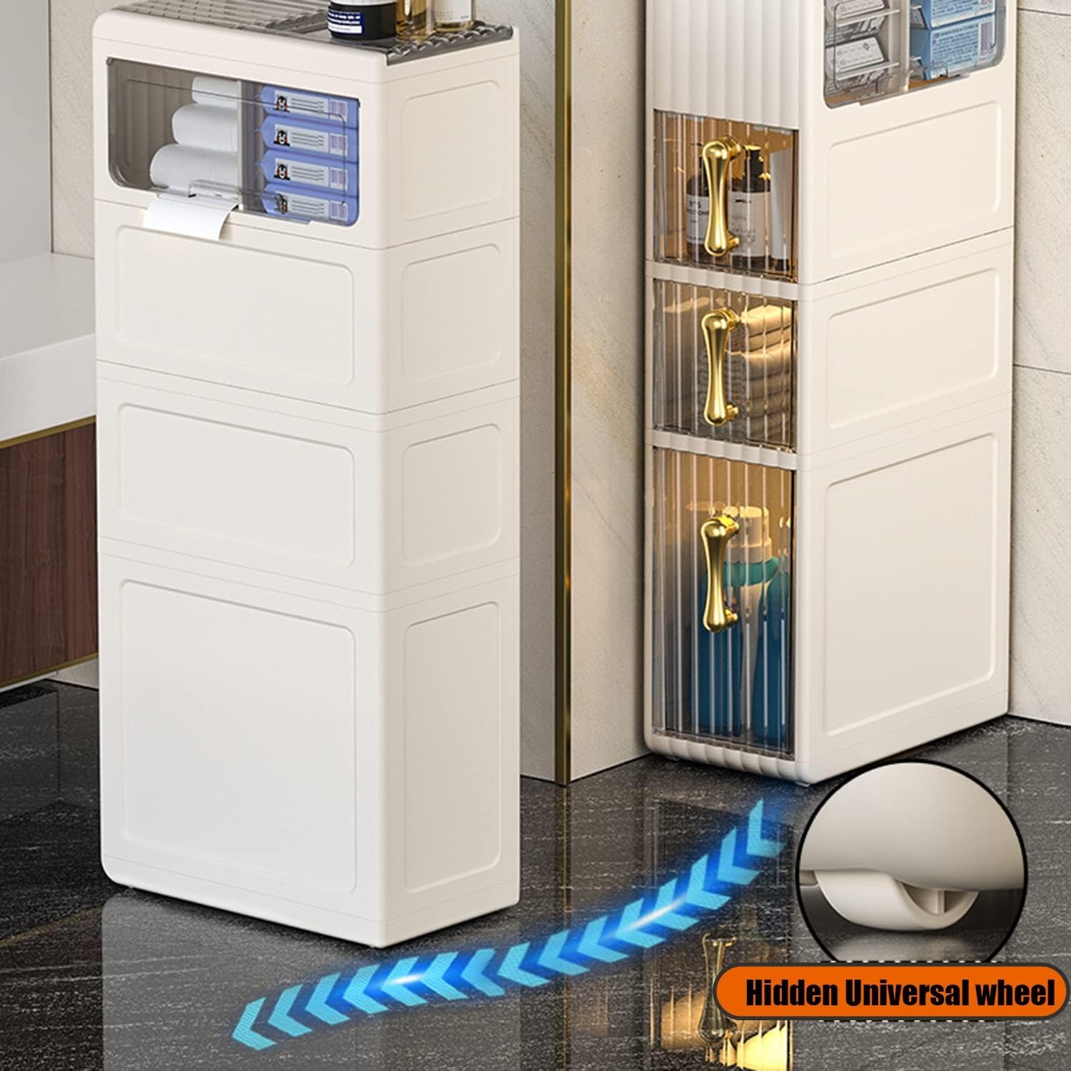 Slim Bathroom Cabinet with 4 Drawers 3 Tier Slide Out Kitchen Trolley Storage Shelf Narrow & Compact Bathroom Organiser Slimline Bathroom Storage Unit