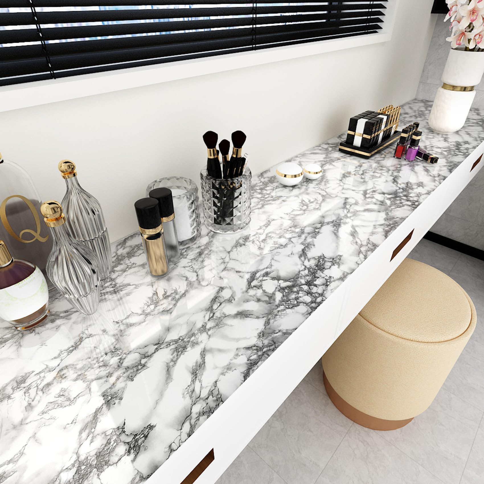 LaCheery Marmol Vinilo Adhesivo Muebles Blanco Gris Brillo 90cm x 400cm Vinilo Encimera Cocina Marmol Papel Adhesivo para Muebles Blanco Impermeable Papel Pintado Pared para Armarios Baño