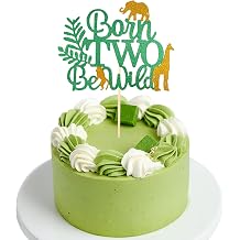Born Two Be Wild Safari Cake Topper, Green & Gold Glitter 2nd Birthday Cake Decoration with Jungle Animals, Perfect for Boys Girls Safari Theme Birthday Party Supplies