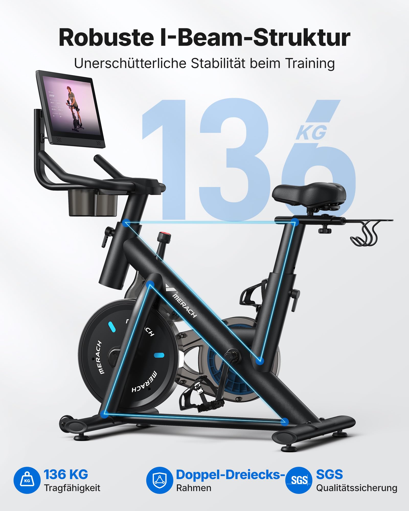 MERACH Heimtrainer Fahrrad mit 15,6" FHD-Bildschirm(180°/90° drehbar), leises Magnetbremssystem Indoor Cycling Bike für Zuhause, App-kompatibel mit Merach App Coaching, Zwift & Kinomap, bis 136KG