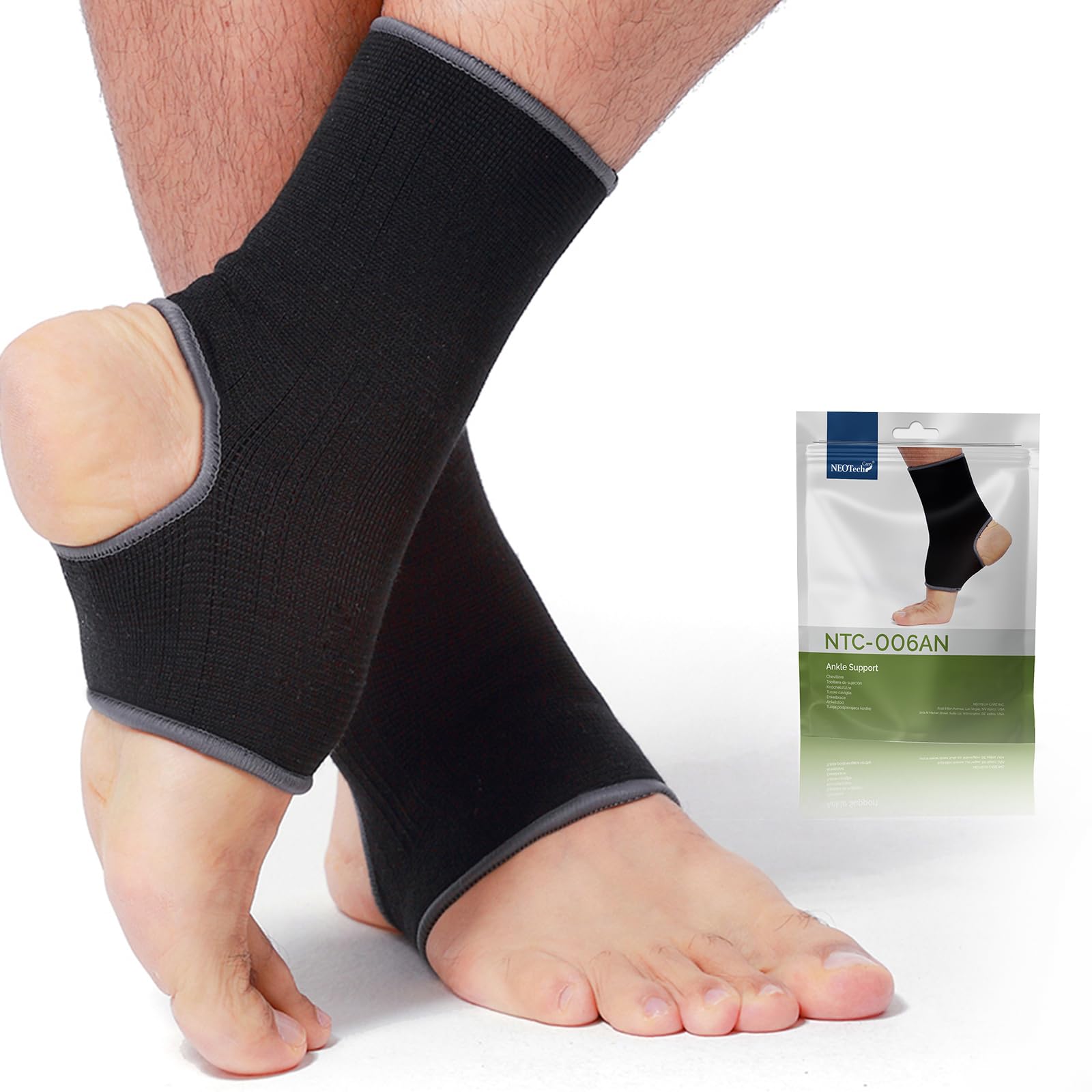 Neotech Care Ankle Support Sleeve (1 Pair) - Open Heel, Light, Elastic & Breathable Knitted Fabric - Medium Compression - for Men, Women, Kids - Right or Left Foot - Black Color (Size M)