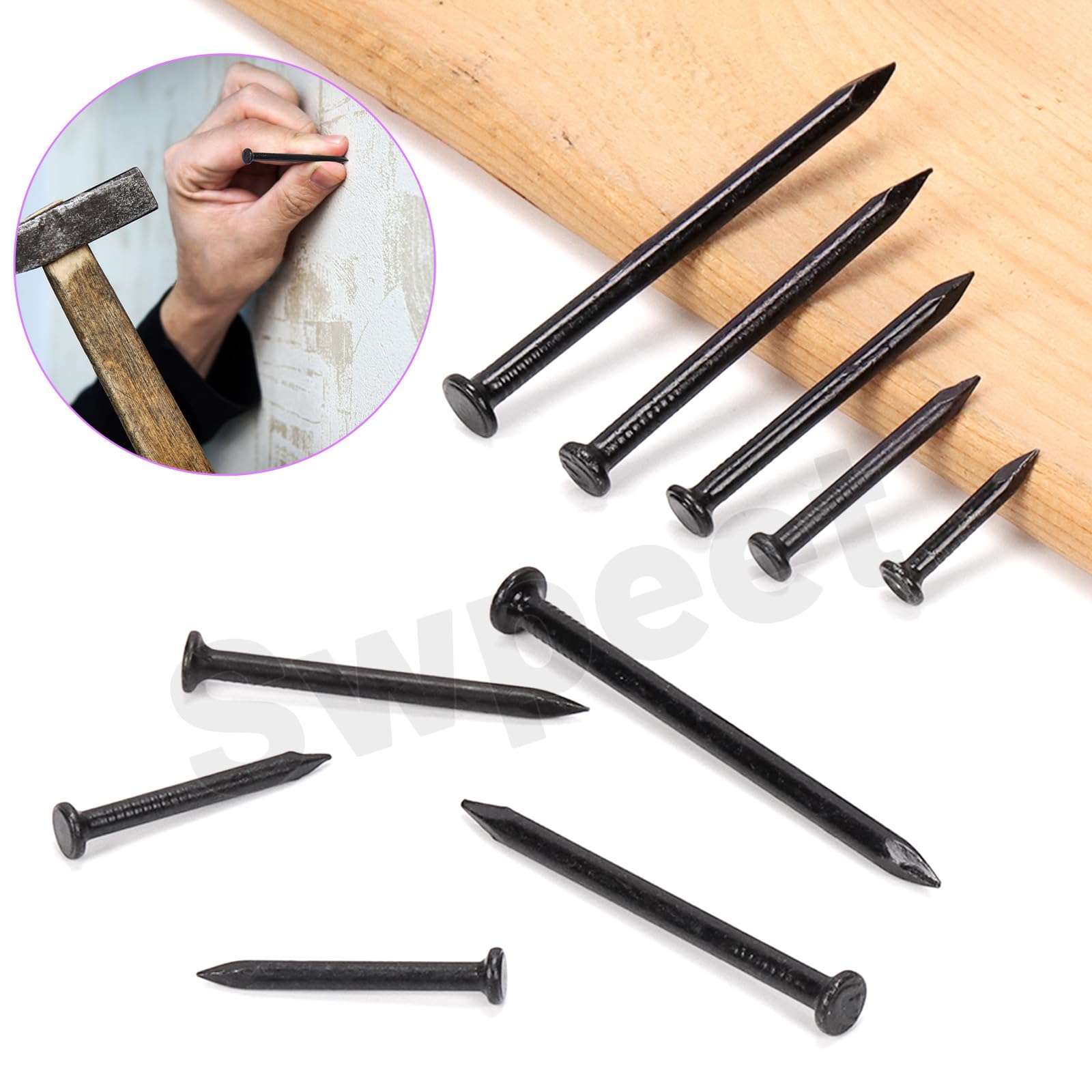 Swpeet Set di 150 chiodi neri per hardware da 2", chiodi in acciaio, chiodi zincati da 3,3 x 50 mm, piccoli chiodi, chiodi da parete, chiodi in legno, chiodi per calcestruzzo