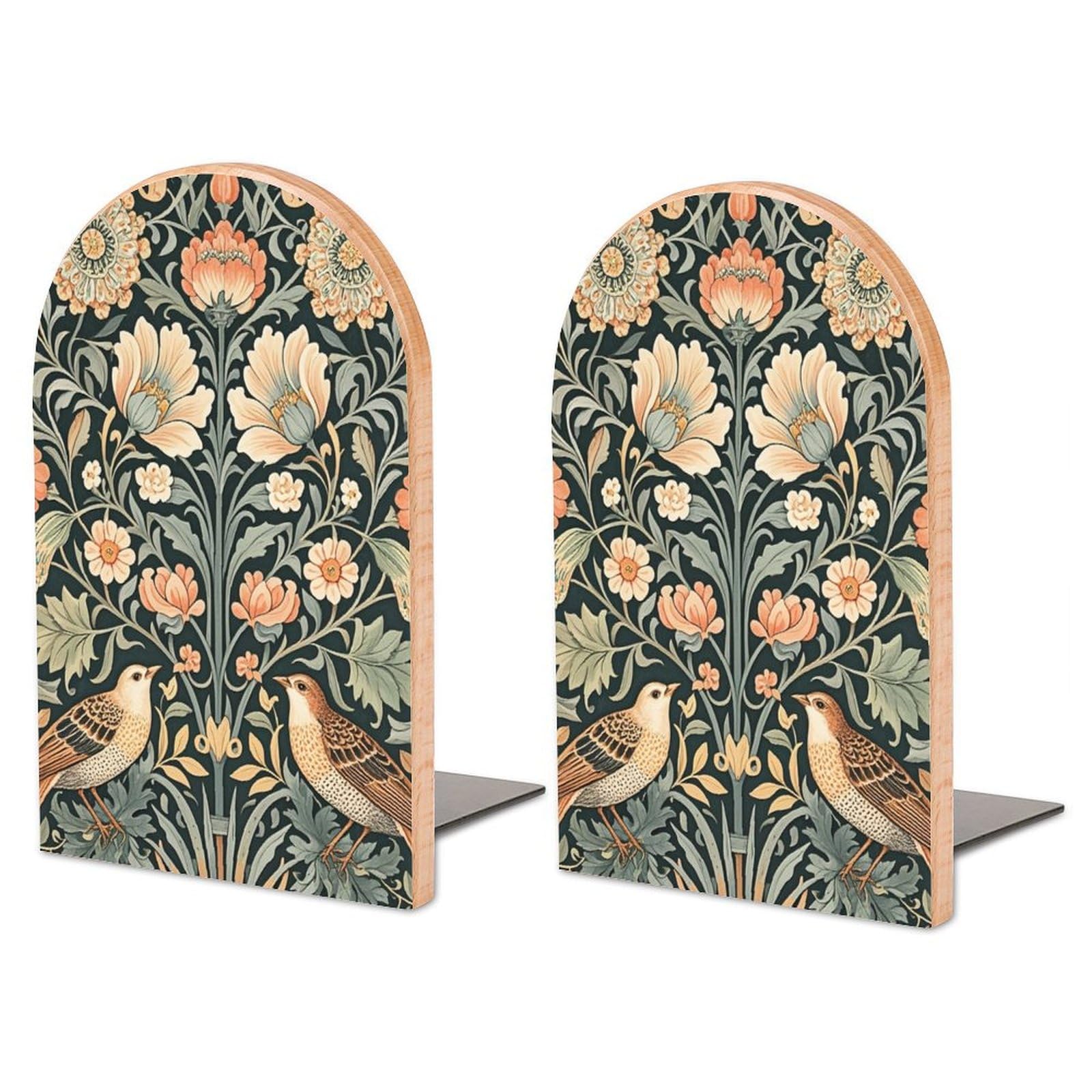 2 Pcs Wood Book Ends, William Morris Flowers Birds cup Book Shelf Holder, Non Slip Wooden Bookends Stand for Shelves Home Office Library Study Decor