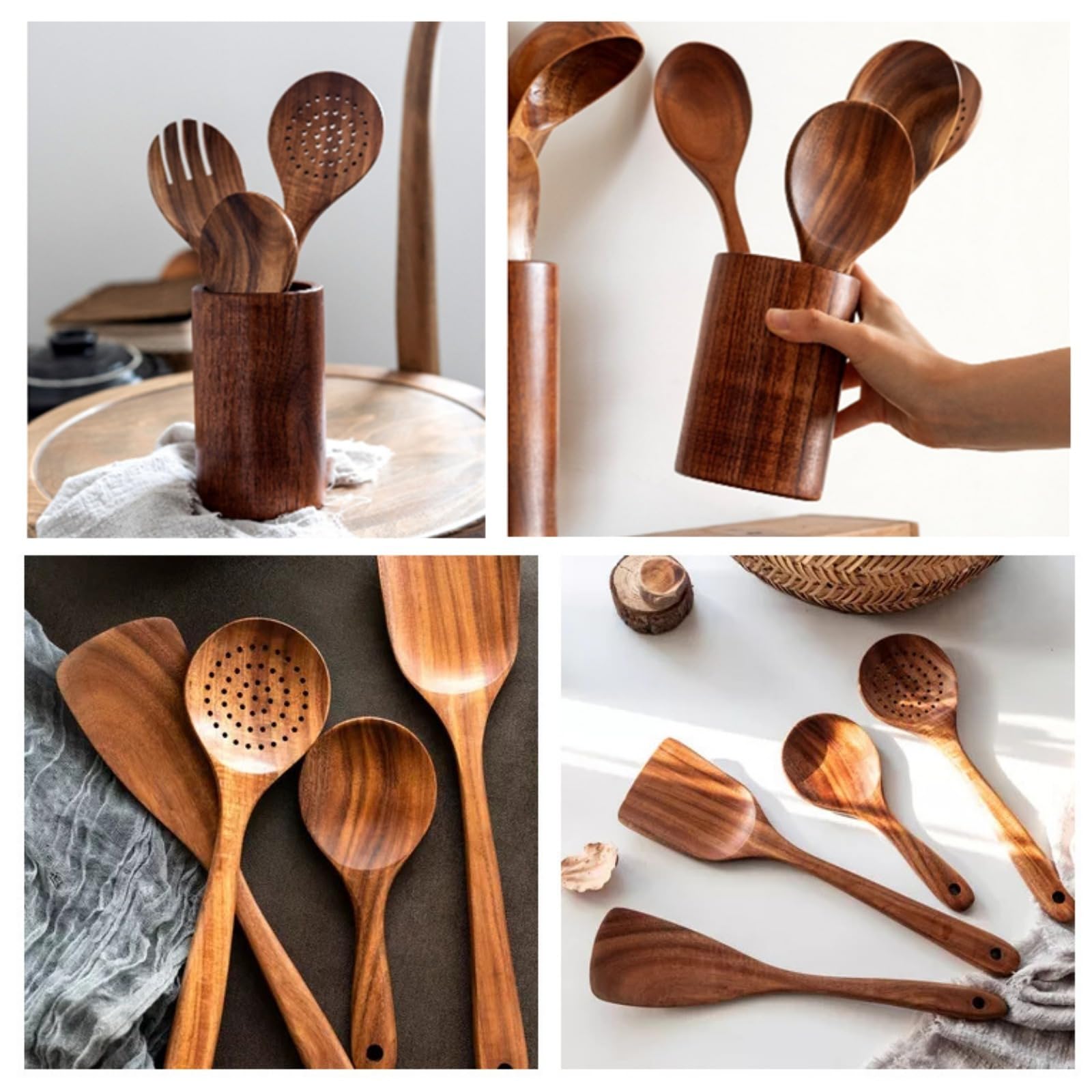 Holz Kochbesteck Set, Küchenhelfer Set aus Teakholz, 8 teiliges Premium Kochlöffel Set, Holzspatel zum Kochen, Rühren und Braten für die Küche