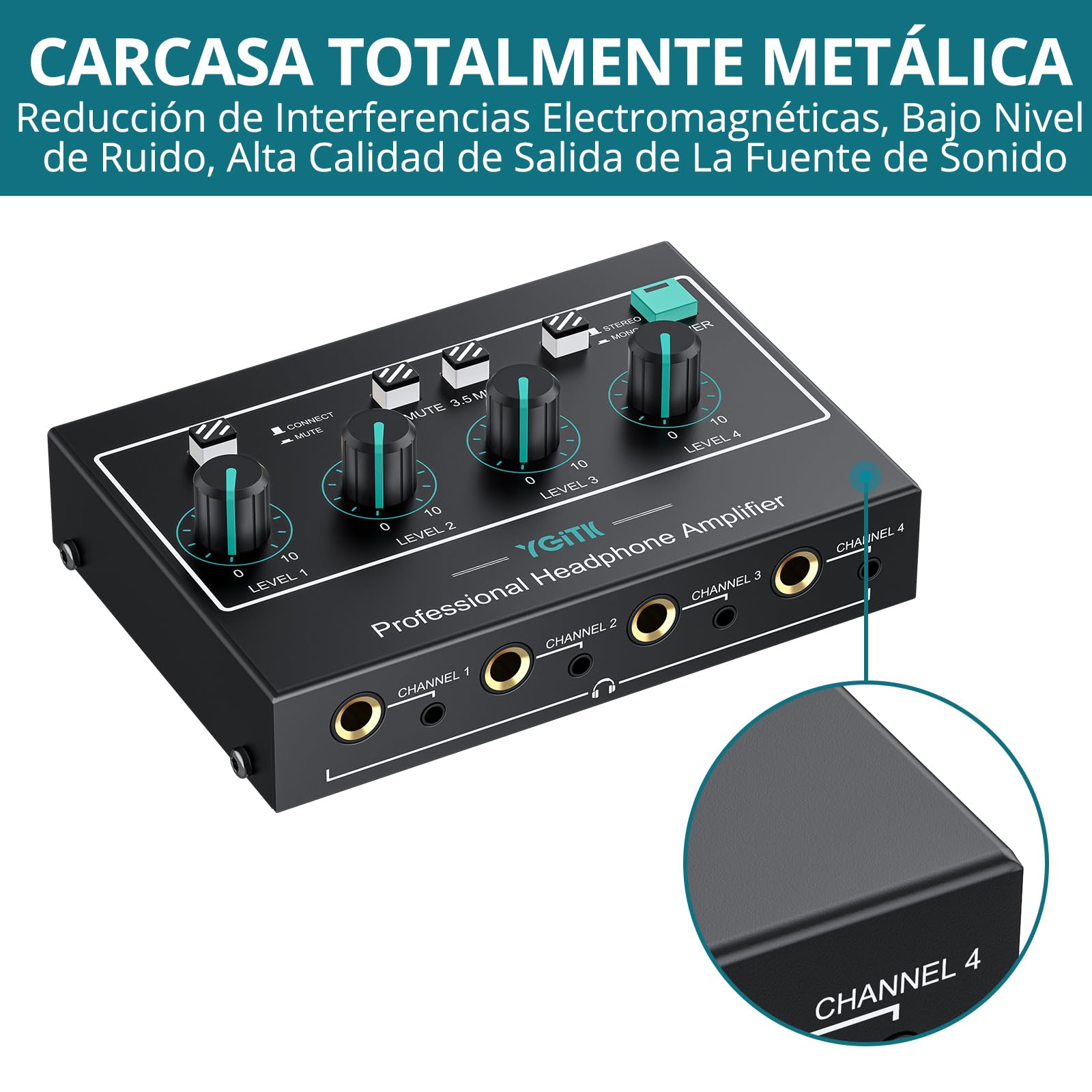 Amplificador de Auriculares Estéreo Portátil-4 Canales con Controles de Volumen y Entradas AV/3.5mm/6.35mm - 8 Salidas Estéreo de 3.5mm/6.35mm para Escenario-Actualización de Chip