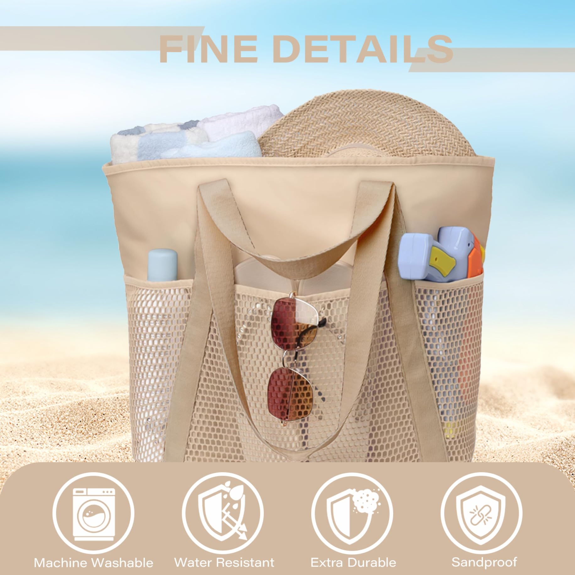 Sacs de plage pour femmes, sac fourre-tout de plage imperméable et résistant au sable, grand sac avec poches, piscine à chargement lourd 50 lb avec fermeture éclair, sacs familiaux lavables en m