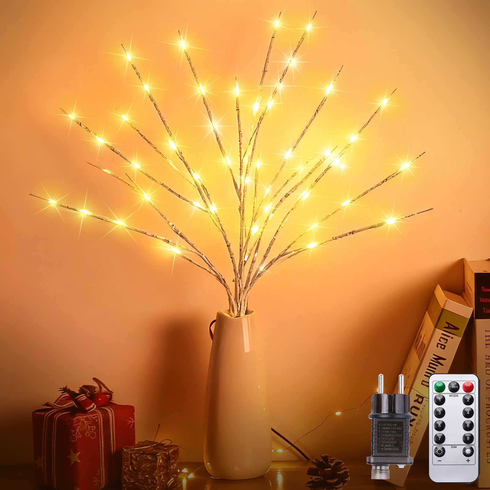 Kinamy Lichterbaum, 3er Set Led Baum 60 LED 8 Modi mit Stecker, Leuchtbaum Warmweiß Dimmbar, Lichterzweige mit Fernbedienung Timer für Weihnachtsdeko Thanksgiving Ostern Innendeko (Weiß)