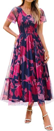 Simplee Womens Boho Floral Maxi Dress Summer Short Sleeve V Neck Smocked Long Flowy Mesh Wedding Guest Mesh Dresses