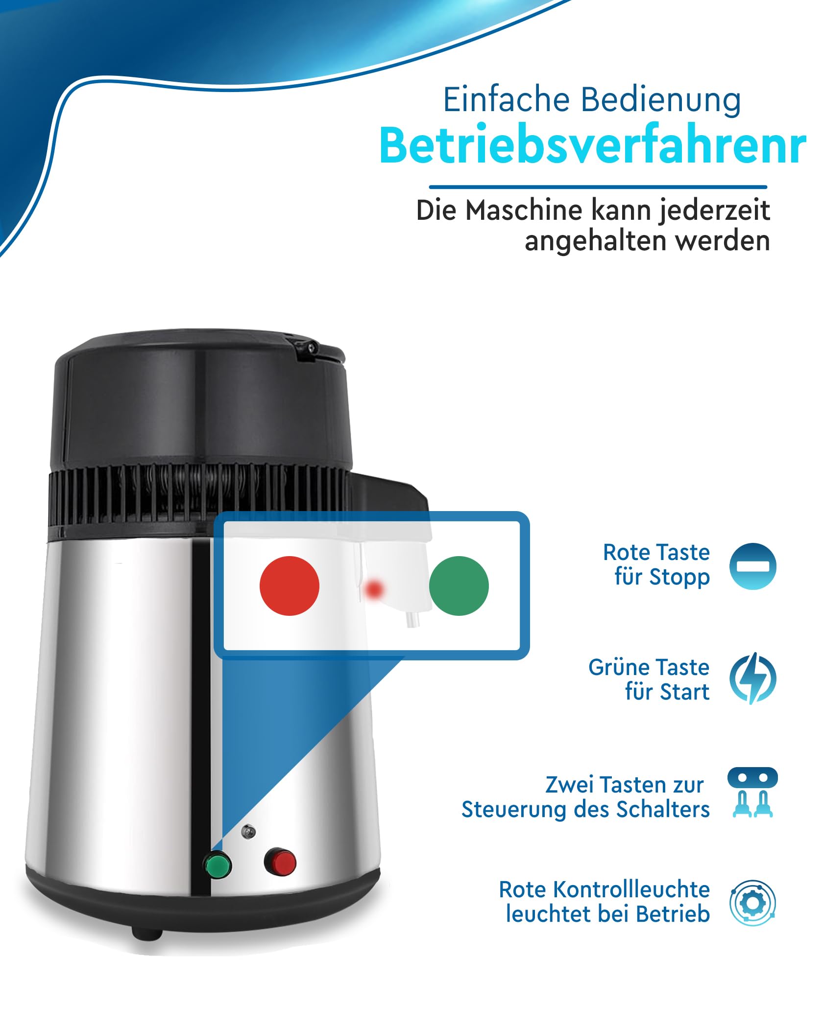 FoundGo Edelstahl Wasserdestilliergerät 750W 1L/H Automatischer Wasserdestillierer mit Glaskanne