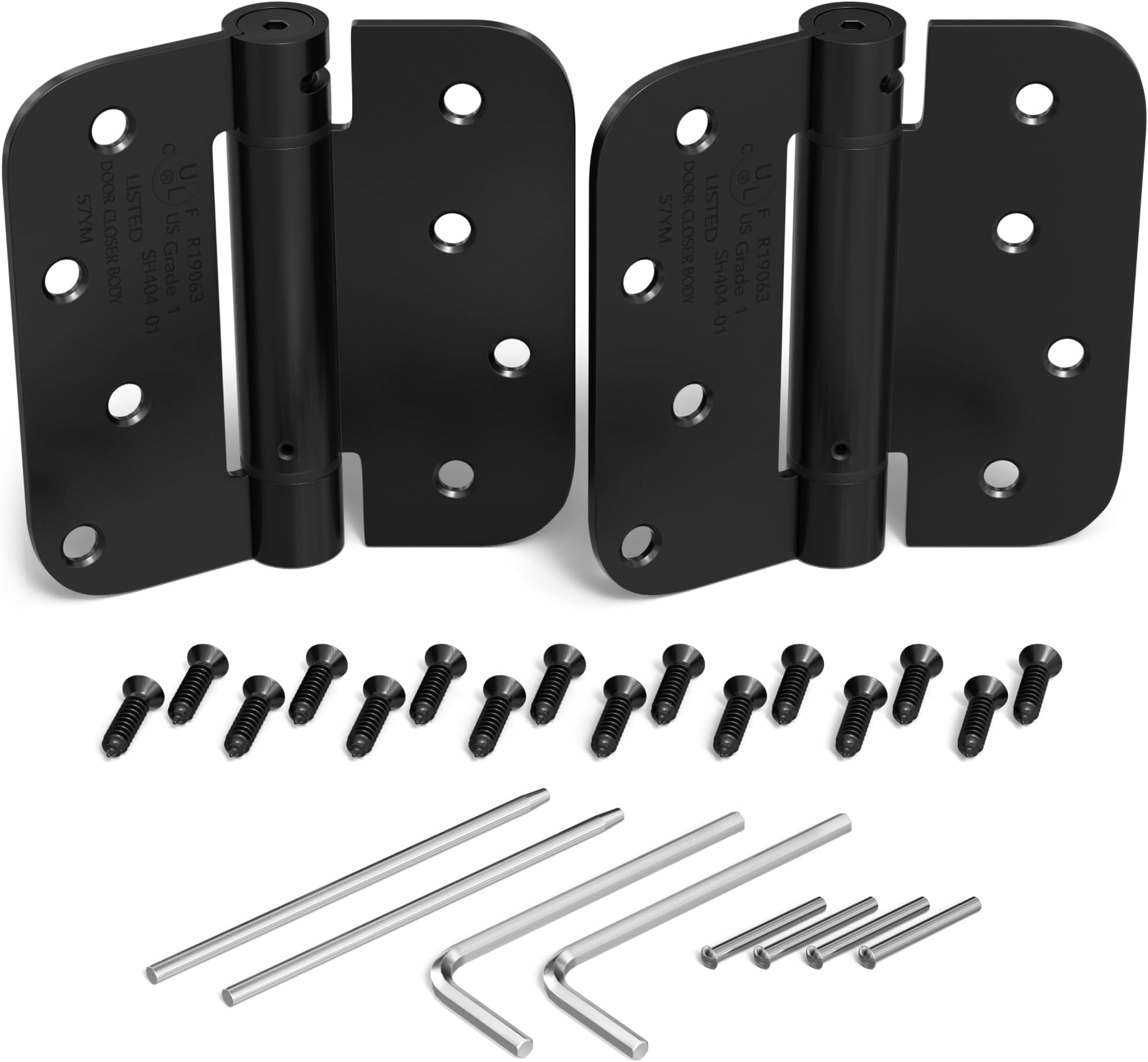 KS Hardware Mortise Spring Hinge | Automatic Self Closing Door Hinges with Complete Installation Hardware | 4" X 4" with 5/8" Radius Corners | 2 Pack, Matte Black Finish