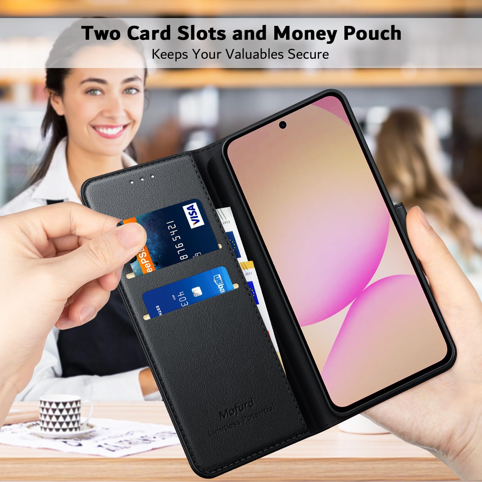 Etui do Samsung Galaxy A57 5G 2 sztuki ze szkła hartowanego, blokada RFID: etui ochronne premium ze skóry PU, [przegródki na karty] Etui portfelowe z klapką - czarne