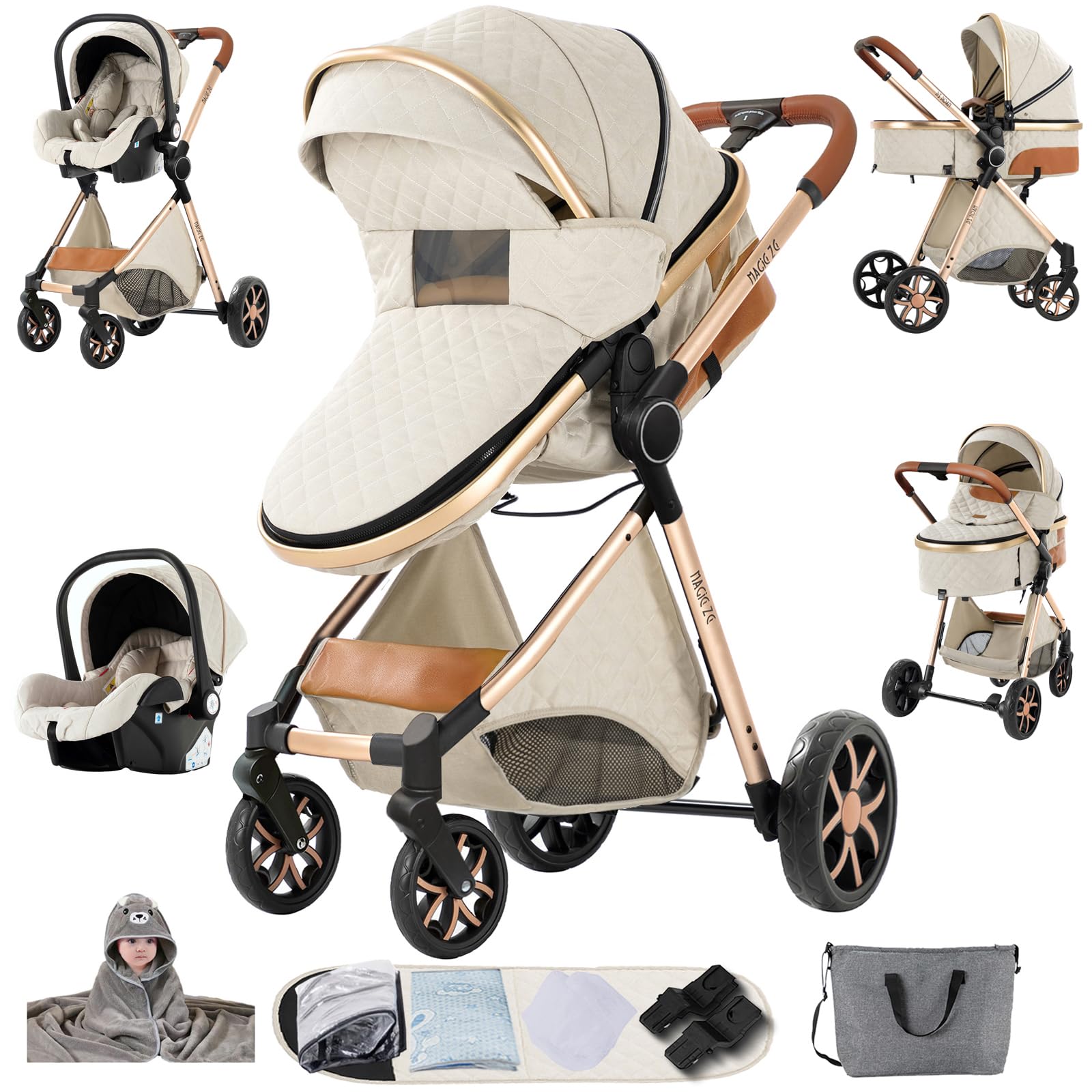 Passeggino 3 in 1 Trio Neonati, Tessuti di Alta Qualità Carrozzina per Neonato, Spinta Bidirezionale Passeggino Reversibile, Visione Aperta Passeggini Trolley (YV9 Creamy White)