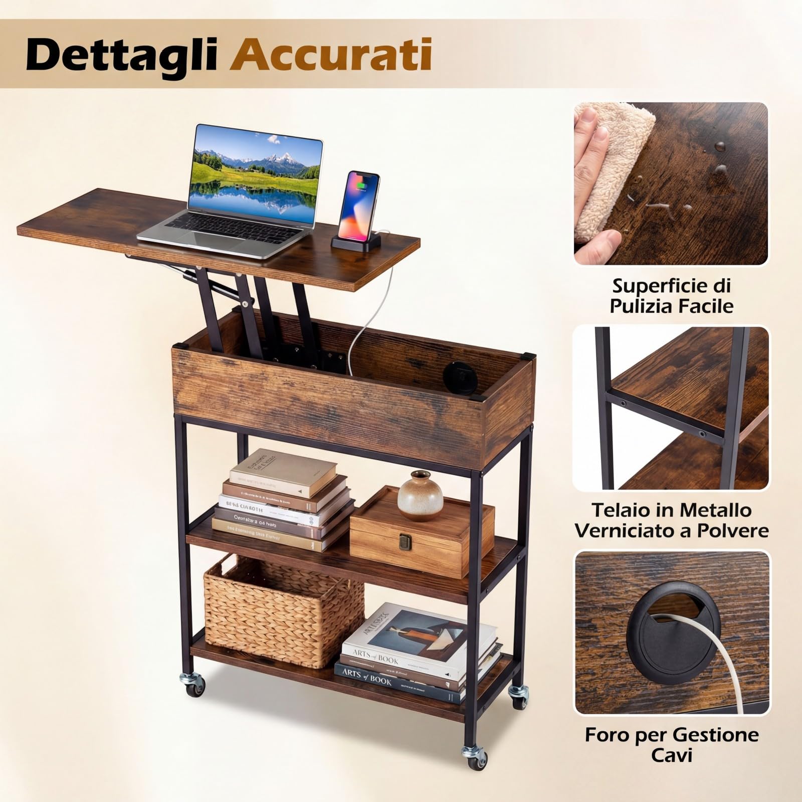 COSTWAY Tavolino Laterale con Piano Sollevabile, Marrone Vintage e Nero | Tavolino Stretto a 3 Ripiani con Stazione di Ricarica, Ruote Bloccabili e Ripiani Aperti, per Piccoli Spazi Soggiorno Camera