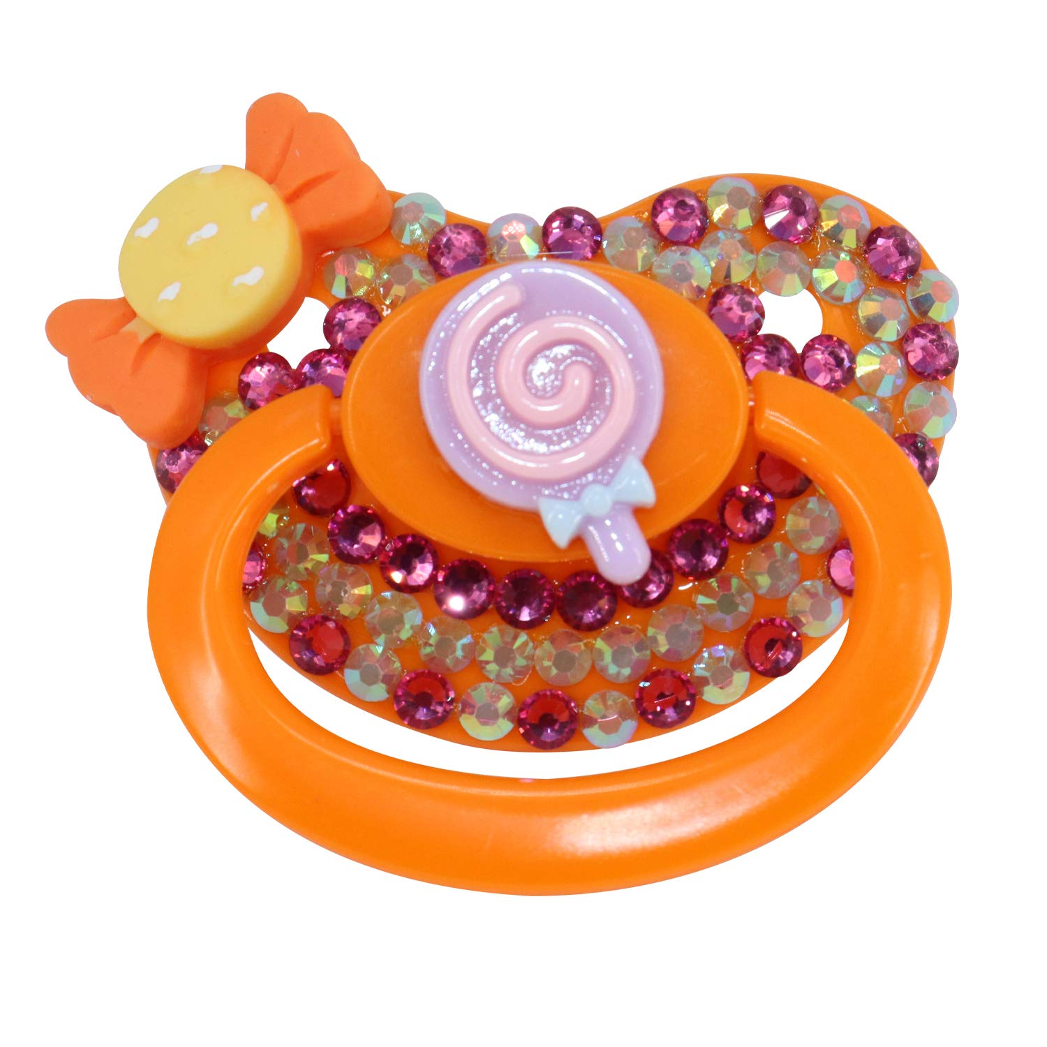 Adult Sized Pacifier, Personalized Pacifier, with Dust Cover Rhinestones Bling Dummy (Orange Lollipop)