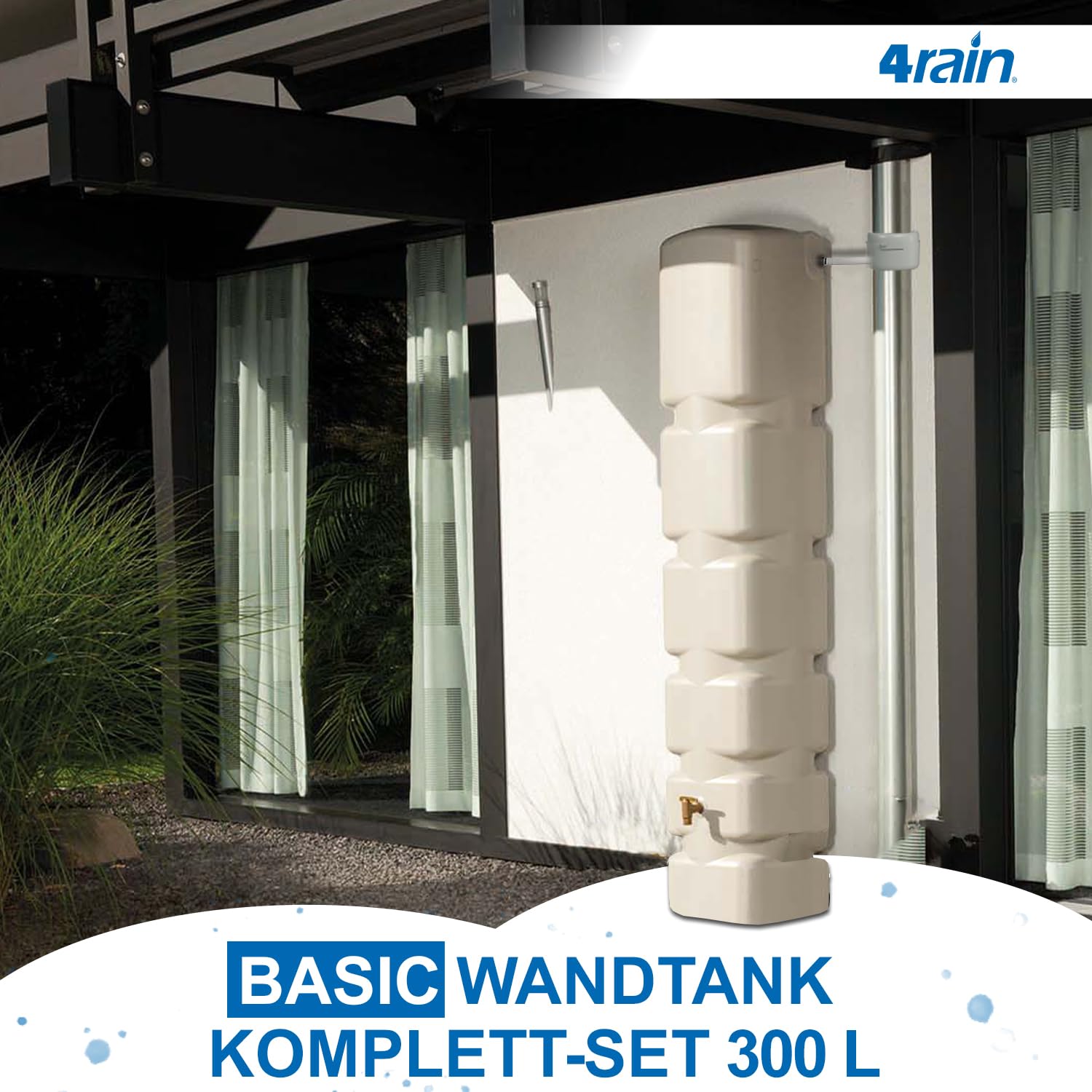 4rain Basic Regentonne Komplett-Set 300 Liter sandbeige | inkl. Kunststoff-Auslaufhahn und Fallrohranschluss Wandtank, Wassertank, Regenwassertonne, Regenwassertank, Wasserbehälter