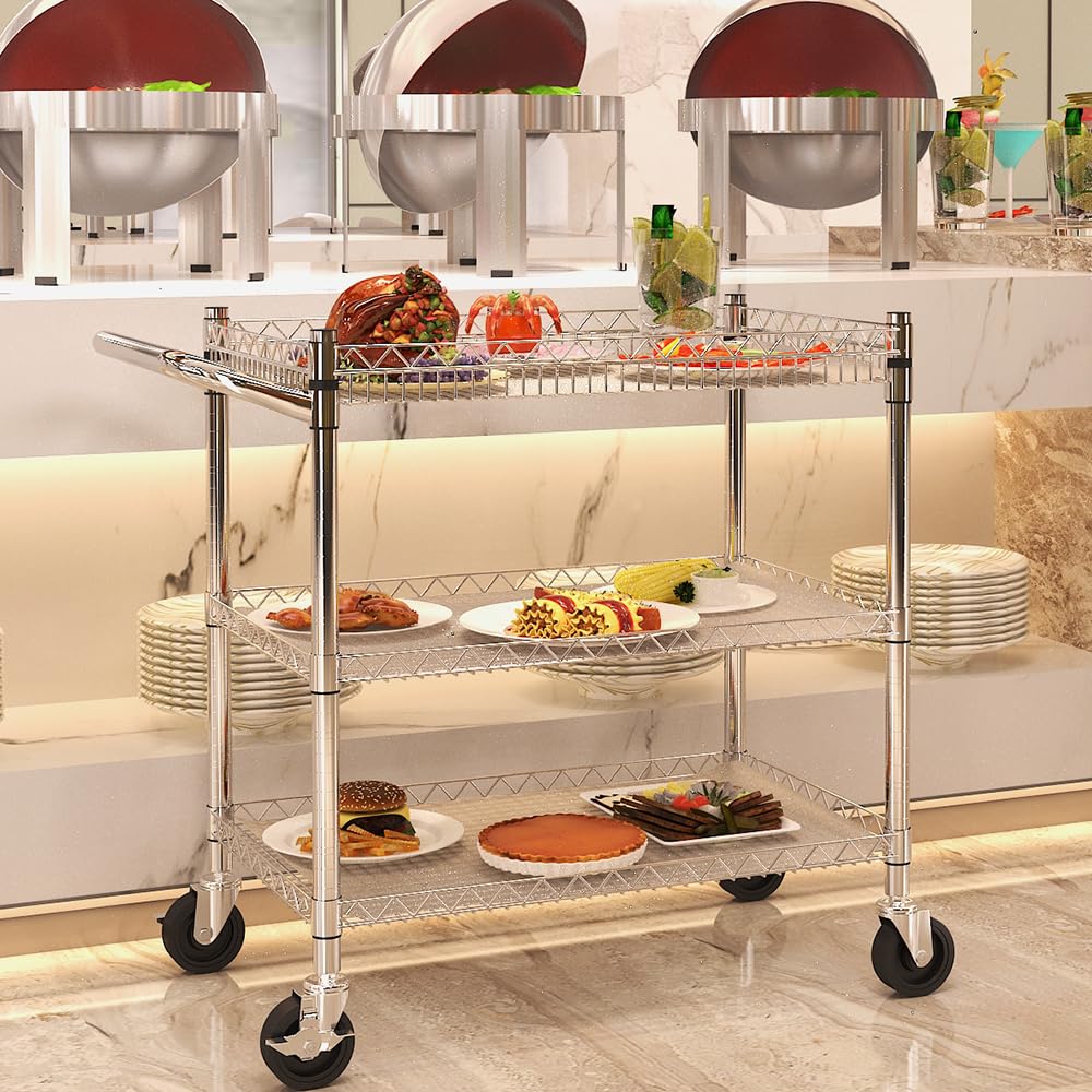 BPT Servierwagen mit Rollen, 3 böden Teewagen, Hotelrestaurant-Küchenwagen (Silber-(500KG))