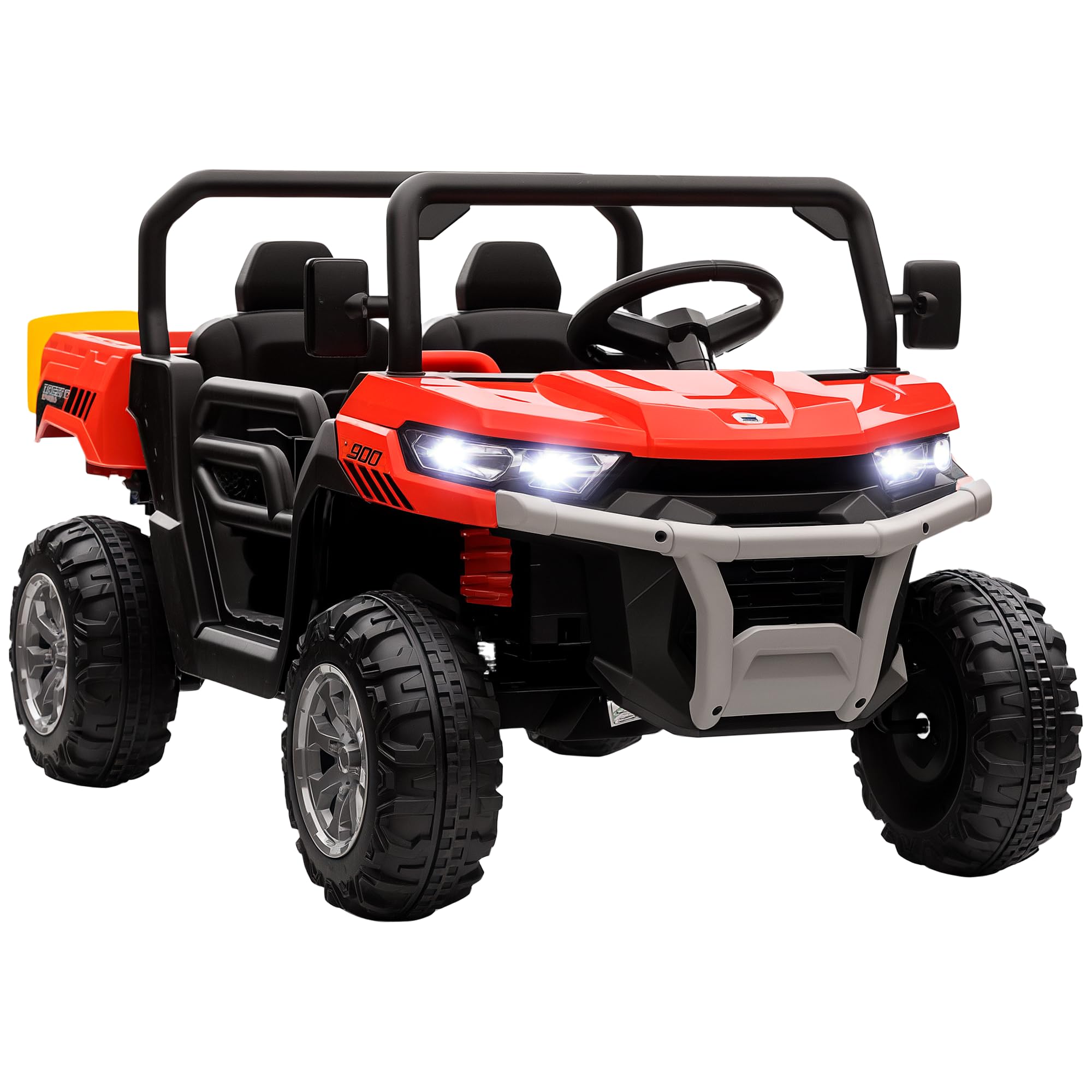 HOMCOM Kids Ride on Car, Electric Car for Kids with Electric Bucket, 12V 2 Seater UTV with Shovel, Parental Remote, 4 Spring Suspension Wheels, Working Horn, Music - Red