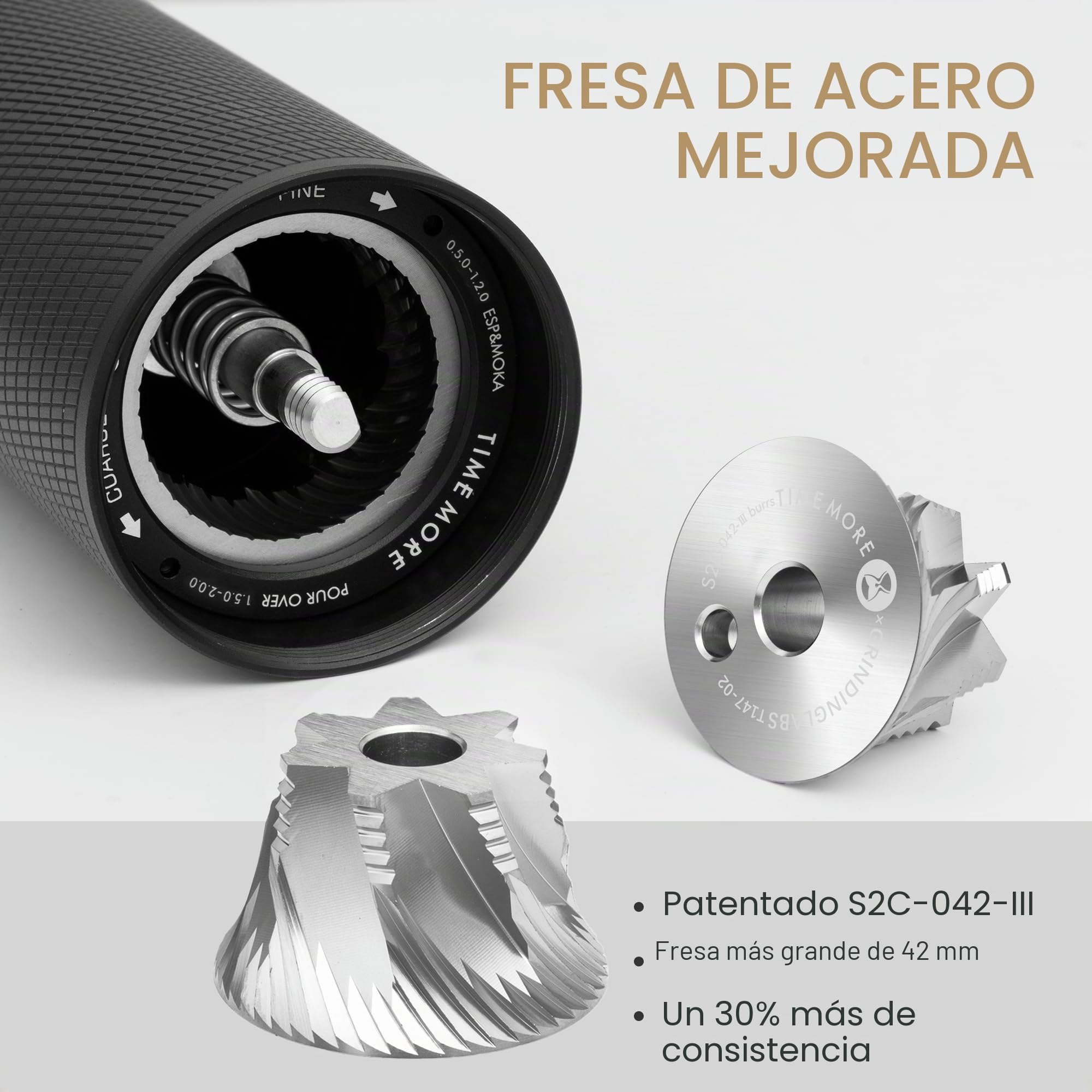 Timemore C5 ESP PRO Molinillo de café de mano, 50 niveles ajustables, mecanismo de acero inoxidable de 42 mm, molinillo de café de mano con mango plegable, todo metal, para espresso, prensa francesa y