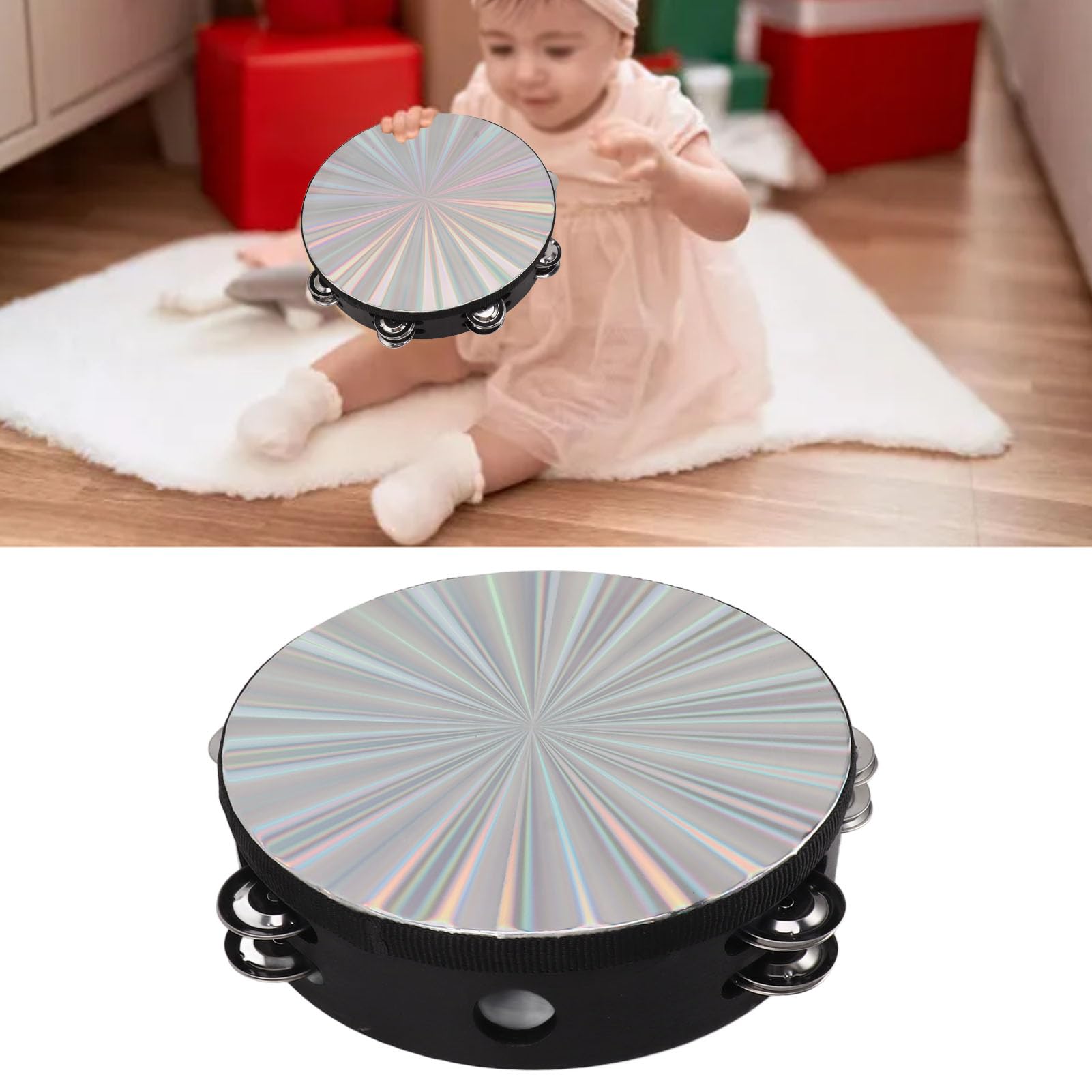 POYHKFD Tambourin à Main en Bois, Tambourin à Double Rangée de Jingles en Métal, Tambourin Radiant Percussion Tambour à Main Cloche Instrument de Musique pour Fête KTV Événements(8 Inch)