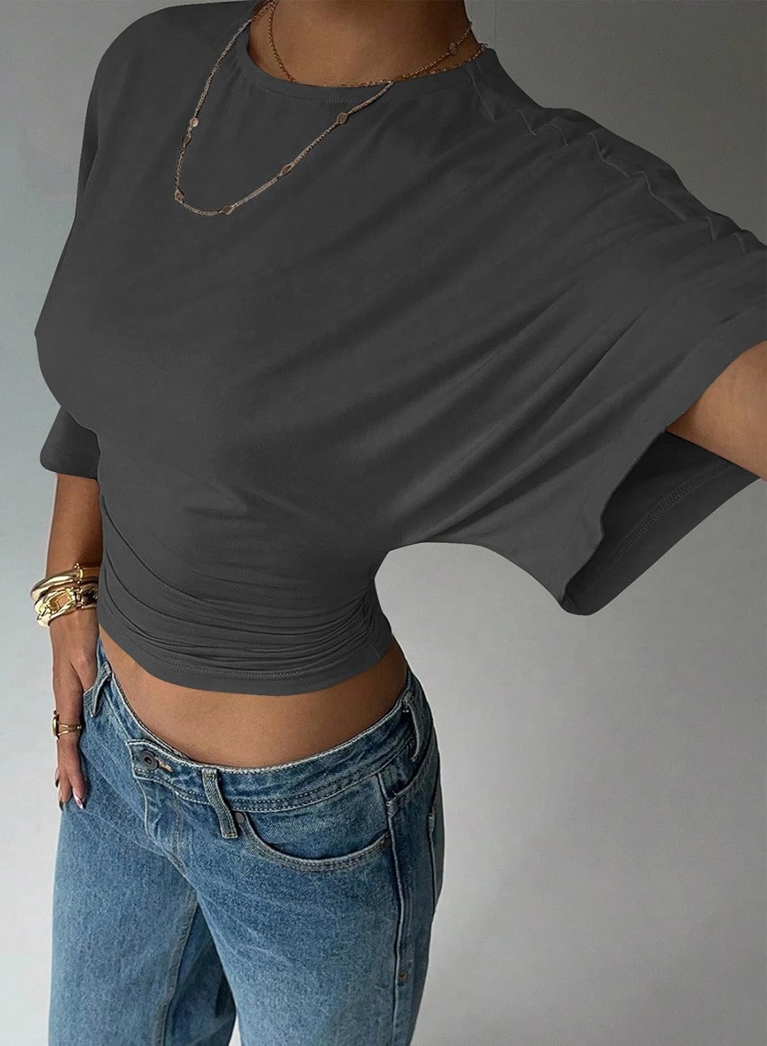 LOLONG Womens Crew Neck Half Sleeve Ruched Shirts Summer 2026 Casual Cinched Waist Crop Tops - Image 4