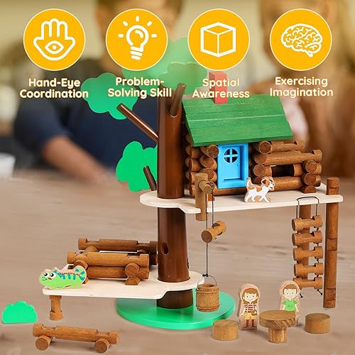 Miniatura 4 de SainSmart Jr. Juego de construcción de casa de árbol de madera de 2 niveles, regalo educativo para niños, juguete creativo STEM con cabañas y hojas