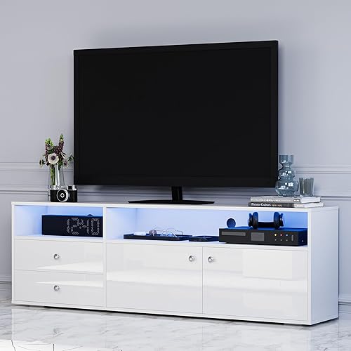 Cozy Castle Soporte de TV LED para TV de 6575 pulgadas, consola de TV moderna con cajones y puertas, centro de entretenimiento blanco con alto