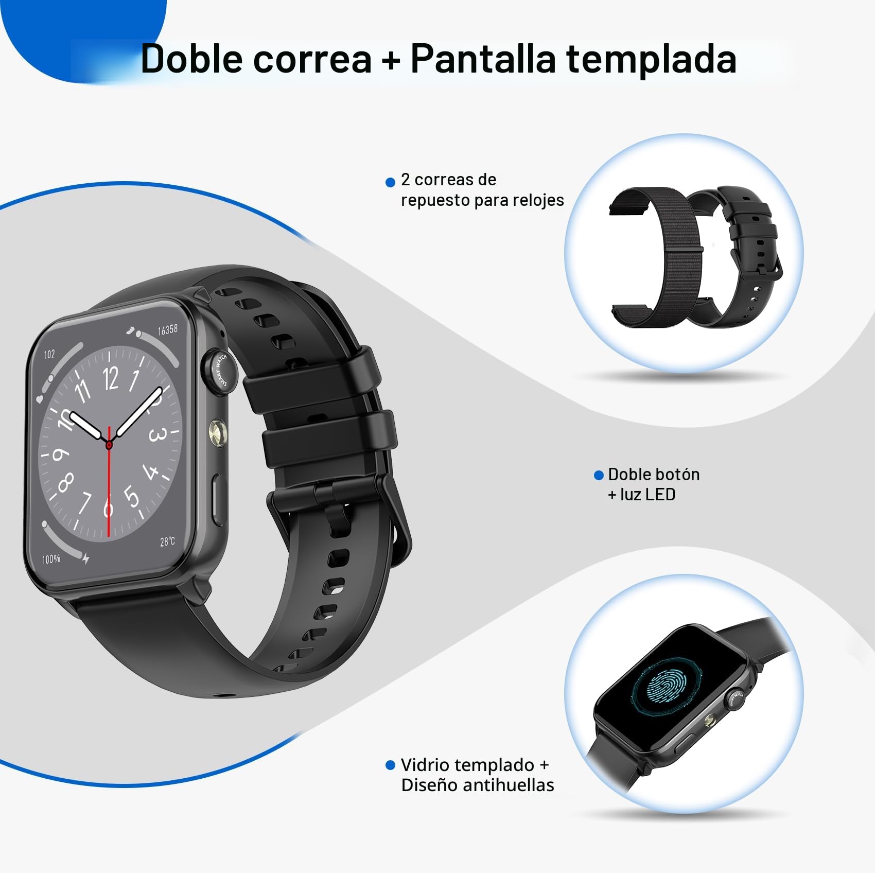 Reloj Inteligente Hombre Mujer, Smartwatch Hombre con Linterna y Llamadas Bluetooth, Smart Watch con 2 Correas, Notificación, Podómetro, Pulsómetro, 100+ Modos Deportivos, Smartwatch para Android iOS