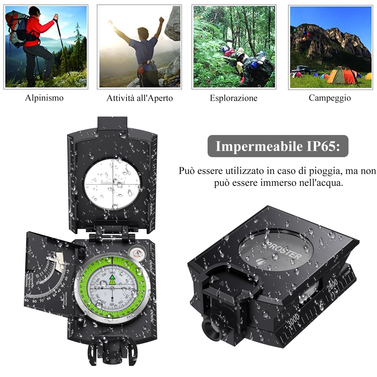 Proster Bussola Precisa Clinometro Esercito Militare Professionale Disegno Luce Fluorescente con Borsetta Portatile per Campeggio Caccia Escursione Geologia ed Altre Attività Esterne