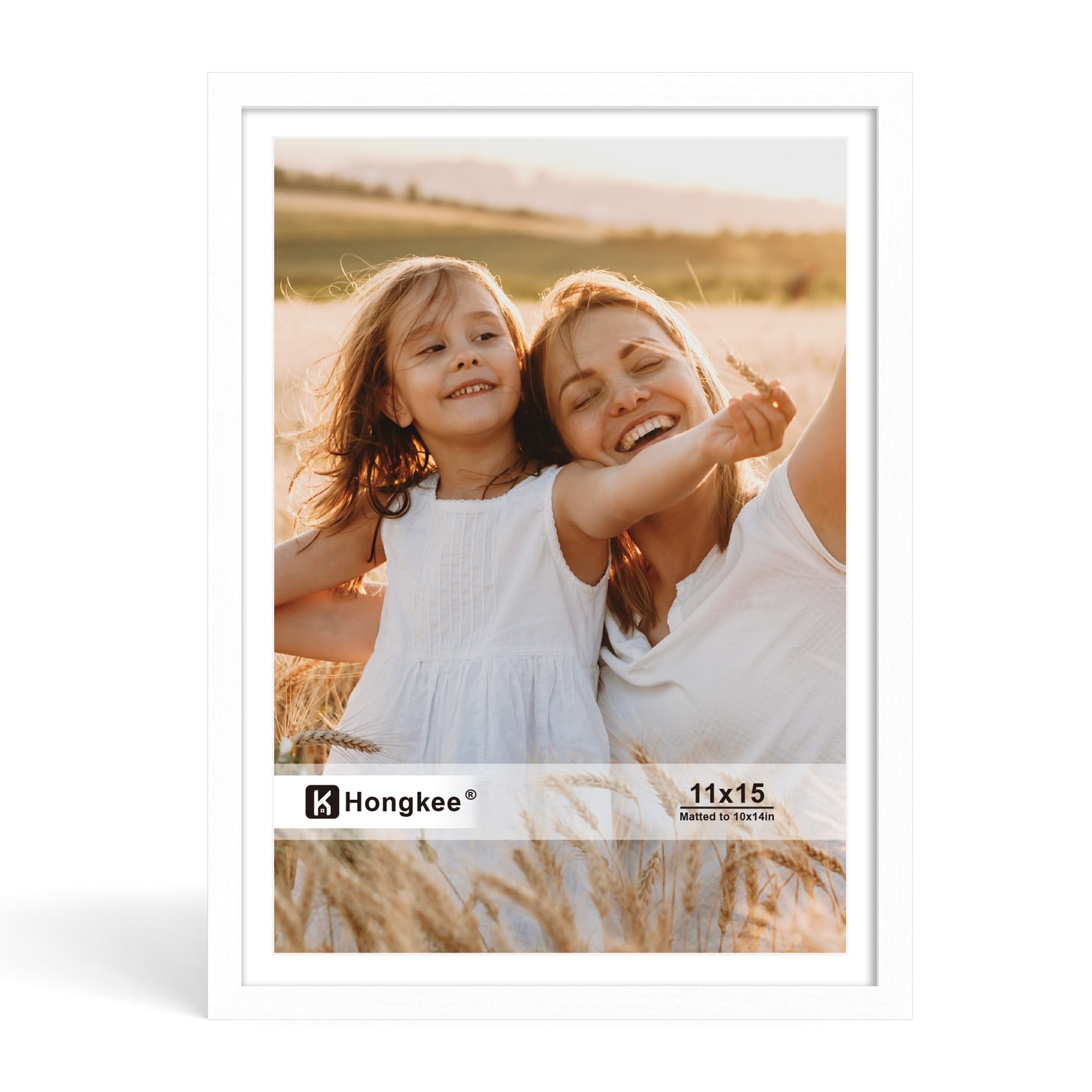 Hongkee 11x15 Picture Frame, Solid Wood Frame with Real Glass, 10x14 Mat