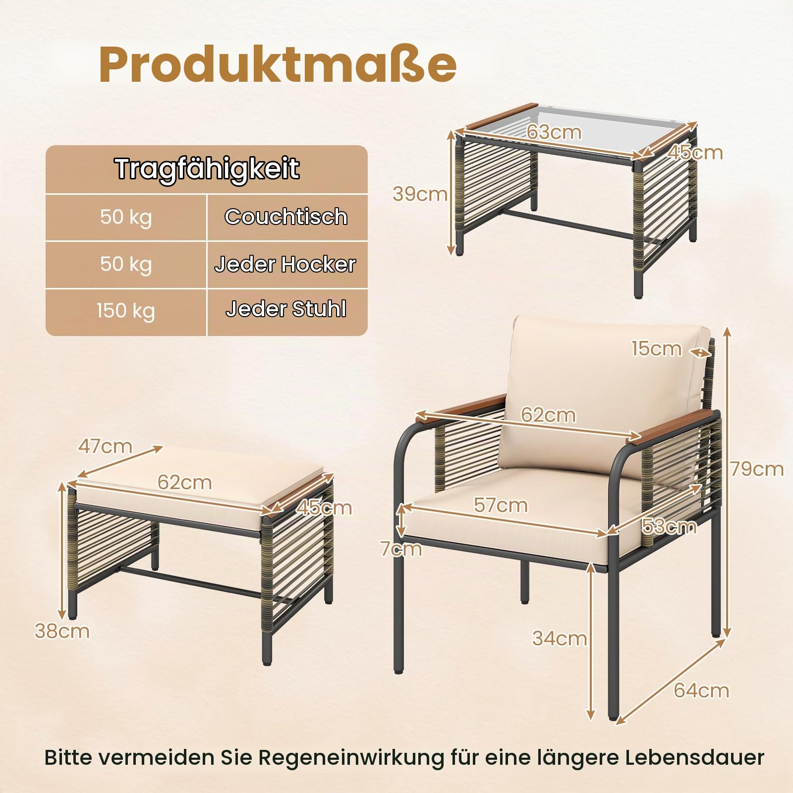 FANTASK Rattan Gartenmöbel Set für 2 Personen, Terrassenmöbel Set inkl. 2 Stühle mit Kissen, Hocker & Tisch, Gartengarnitur, Gartenlounge für Garten, Balkon, Terrasse (Beige)