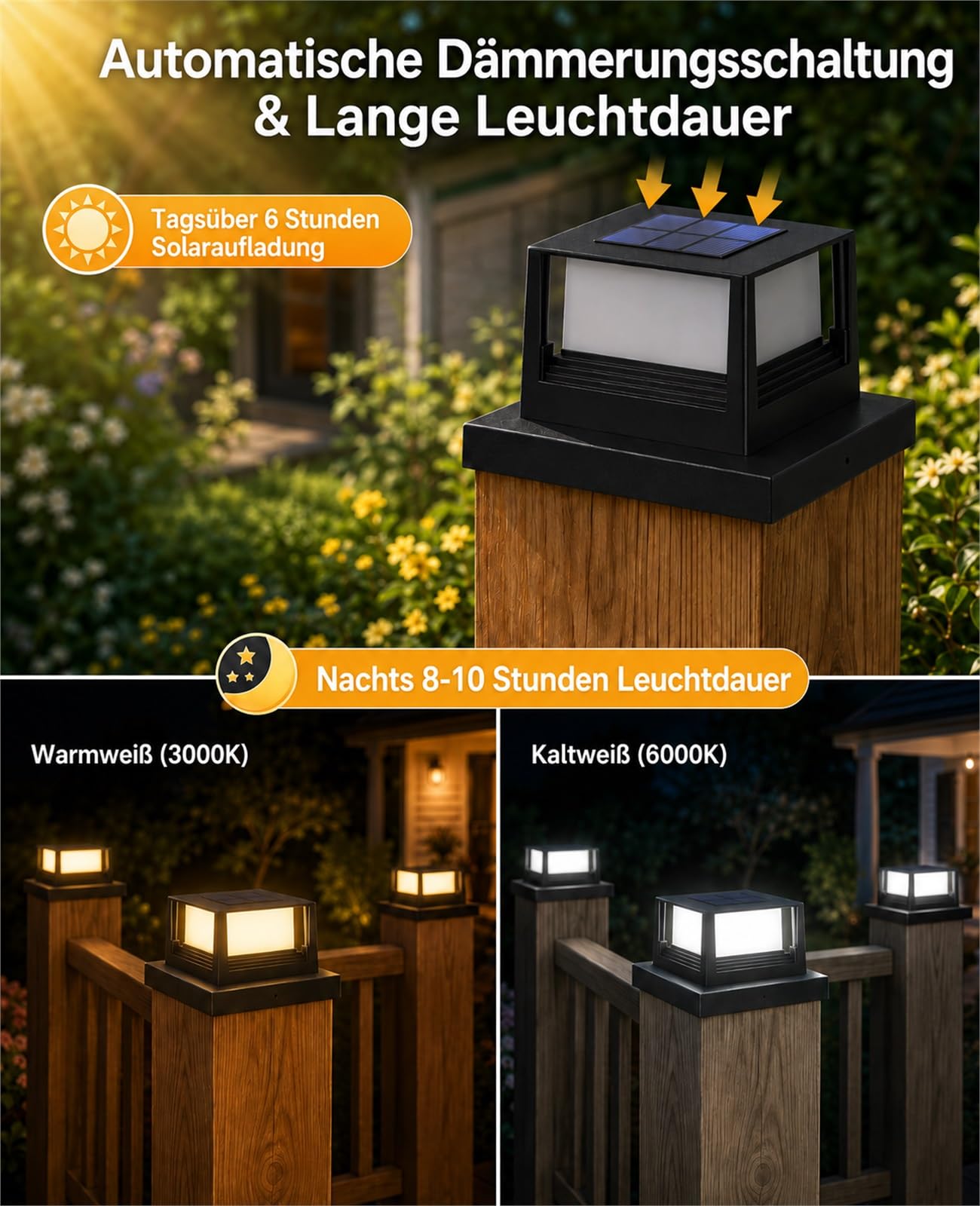 Solar Pfostenkappen Licht 2 Stück, Pfostenleuchte Solar 8x8-15x15 für Holzpfosten, 2 Lichtmodi 3000K/6000K, IP44 wasserdichte Solarleuchten für Zaun, Garten, Terrasse