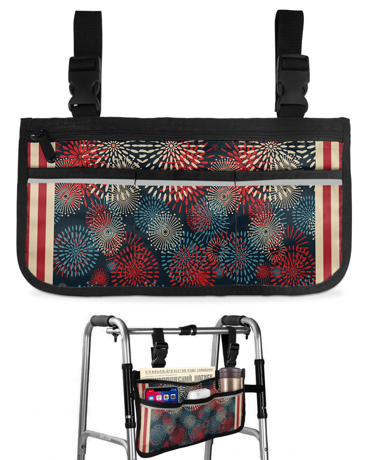 4th of July Wheelchair Side Bag Walker Bag, Patriotic Fireworks Red Vintage Line Wheelchair Accessories Armrest Pouch, Organizer Storage Bag for Walkers, Rollators, Scooters, 7.3''x13''