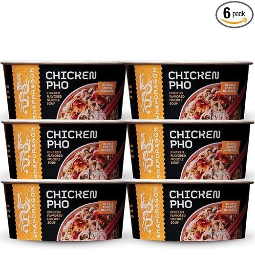 Snapdragon Chicken Pho Instant Noodle Bowl Six Pack, Rich Chicken Flavored Broth with Rice Noodles, Gluten Free, No Artificial Flavors, 6 2.1oz Bowls
