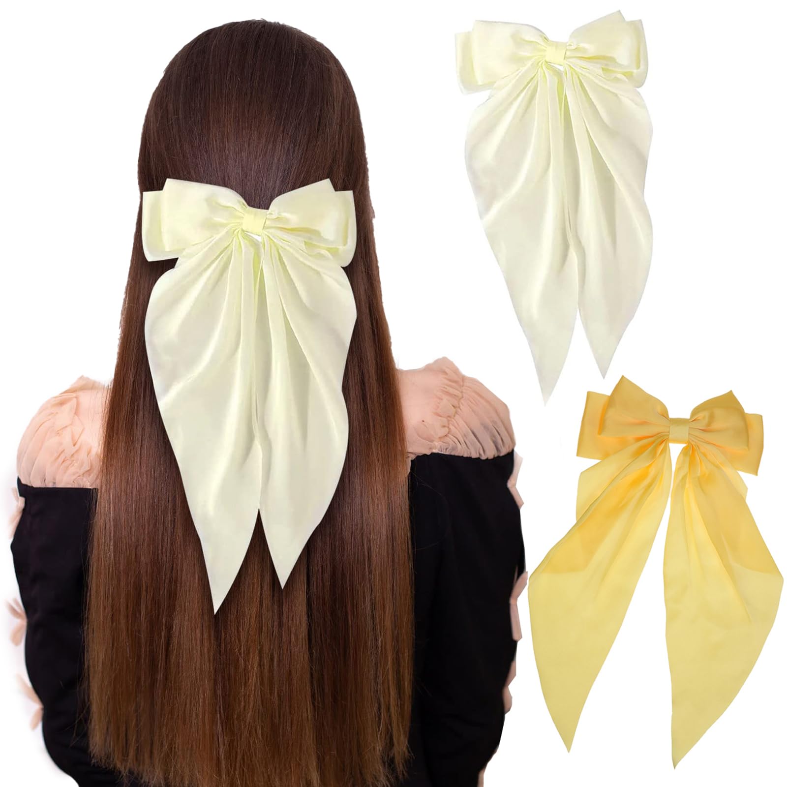 NiceYnn 2pcs Hair Bows Clips for Women French Big Bowknot with Long Satin Ribbon Hair Barrette Clips Silky Spring Clip Hair Bows Oversized Long Tail Ponytail Holder French Hair Styling Beige+Yellow