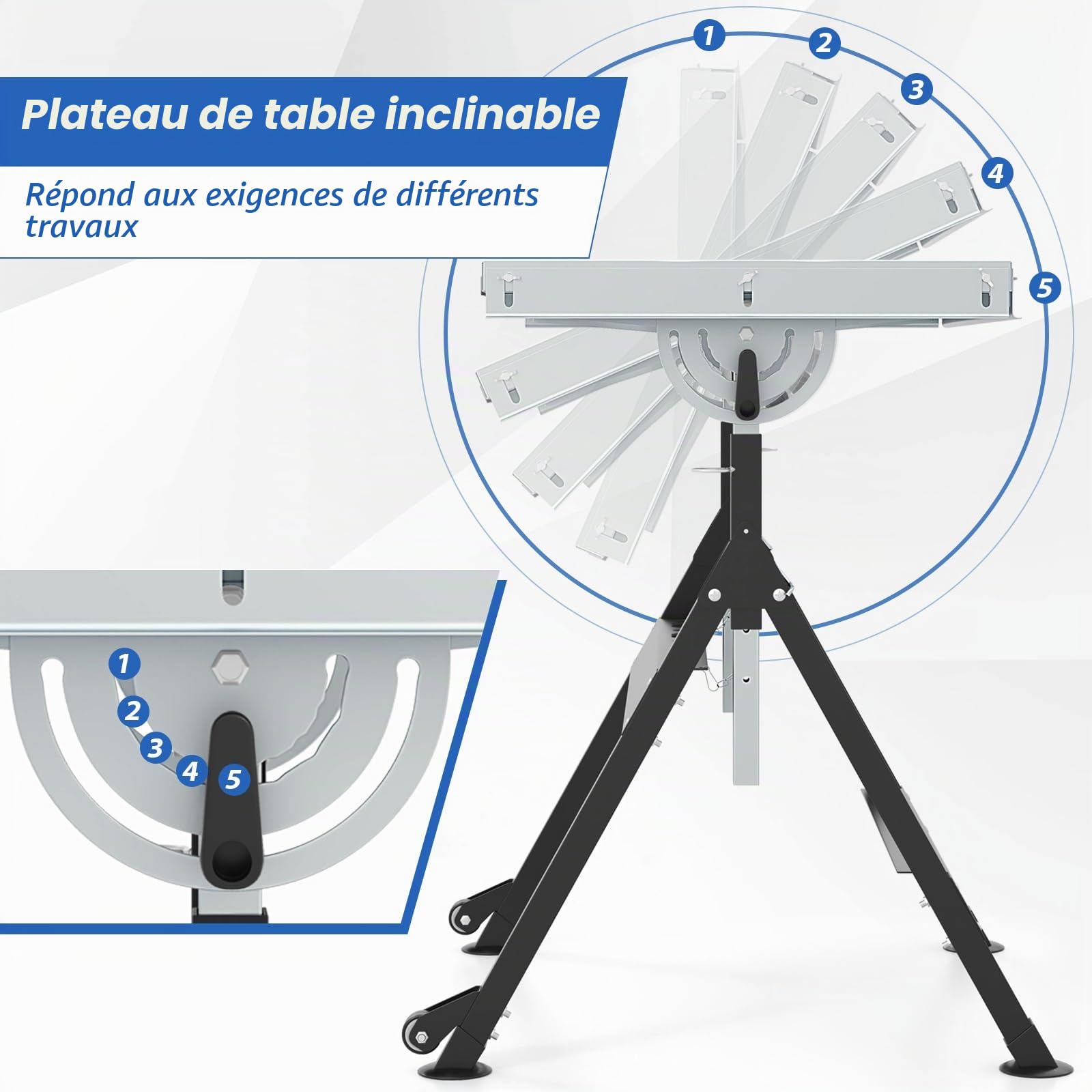 FANTASK Établi Mobile - Table de soudage Pliable - Charge maximale : 180 kg - Établi avec Roues et étagères à Outils - Table de Travail avec 4 hauteurs et Angles réglables