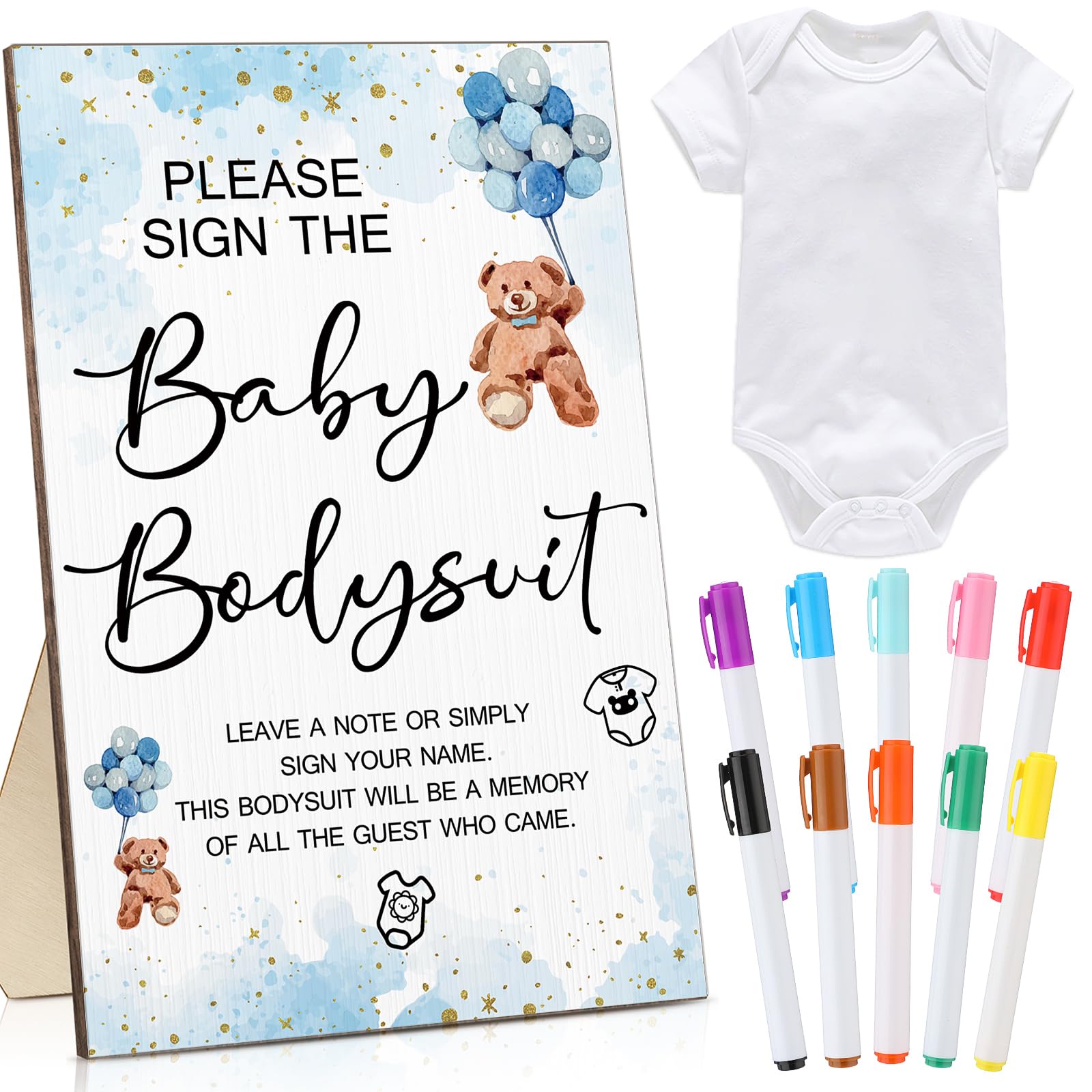 Qunclay 12 Pcs Baby Shower Game Party Favors with White Unisex Bodysuit Wooden Sign Tabletop Decor and Marker for Guests(Blue Bear)