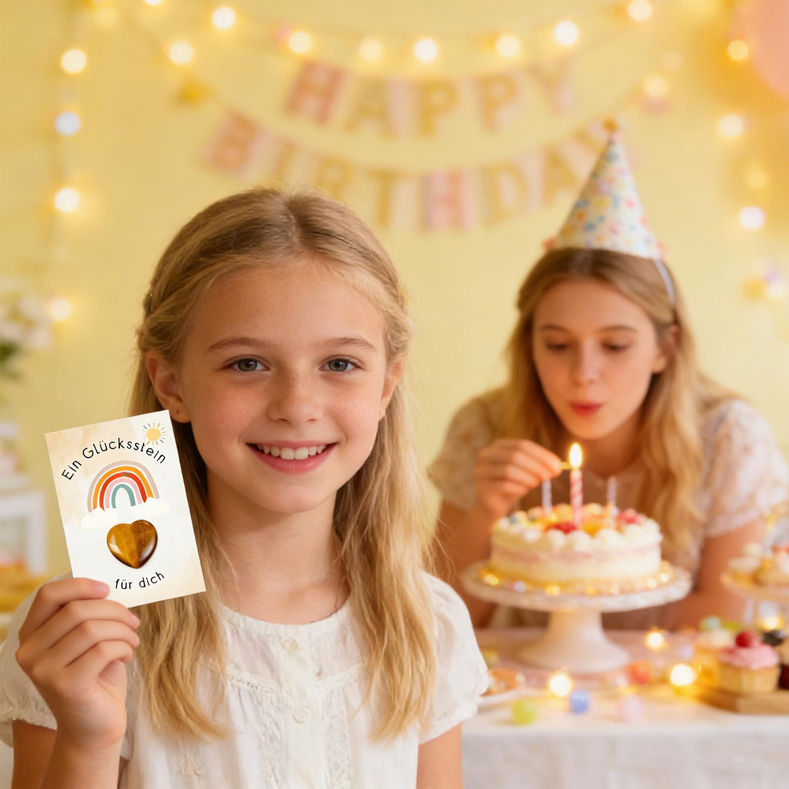 12 Glückssteine Set - Mitgebsel Kindergeburtstag Kleine Geschenke für Kinder mit 12 Herzsteinen & Regenbogenkarten, Mitbringsel für Jungen & Mädchen ab 5 Jahren