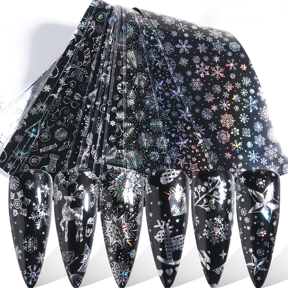 10 Sheets Laser Snowflake Nail Art Foil Transfer Stickers Christmas Tree Socks Hat Reindeer Nail Foils Sticker Decals Starry Sky Nail Art Supplies Holographic Christmas Decoration for Women Girls Kids