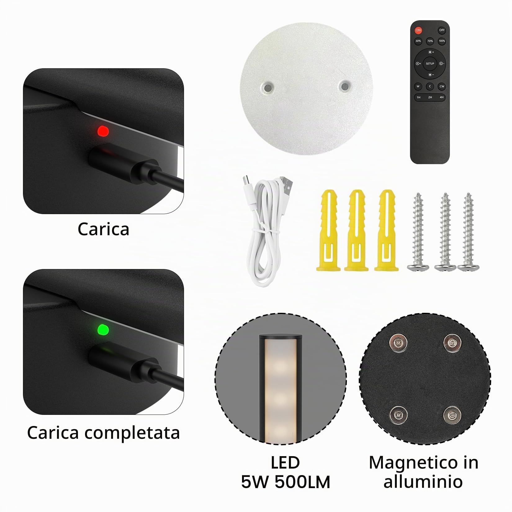 Aipsun 2pcs lampada da parete ricaricabile con telecomando per interni, 10000mAh - 60CM Nero 5W 360°lampada da soggiorno ruotabile con Temporizzazione e regolazione, 3000K-6000K, per camera da letto