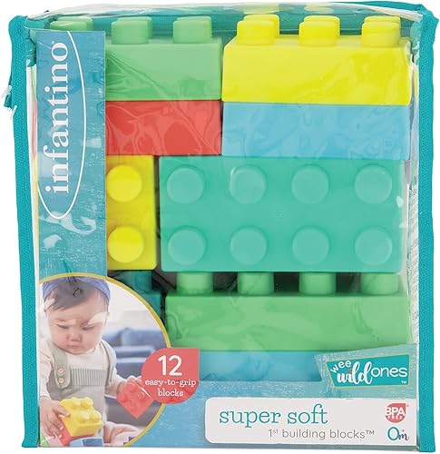 Miniatura 9 de Infantino Bloques de construcción súper suaves fáciles de sostener para bebés y niños pequeños sin BPA multicolor juego de 12 piezas