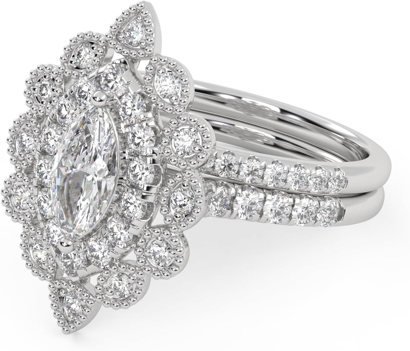 Marquise Frame Halo Beaded Bridal Set Ring for Women, Center 8X4mm Marquise and Round cut Lab Created Moissanite Engagement Wedding Ring in 10K / 14K Solid Gold or 925 Sterling Silver
