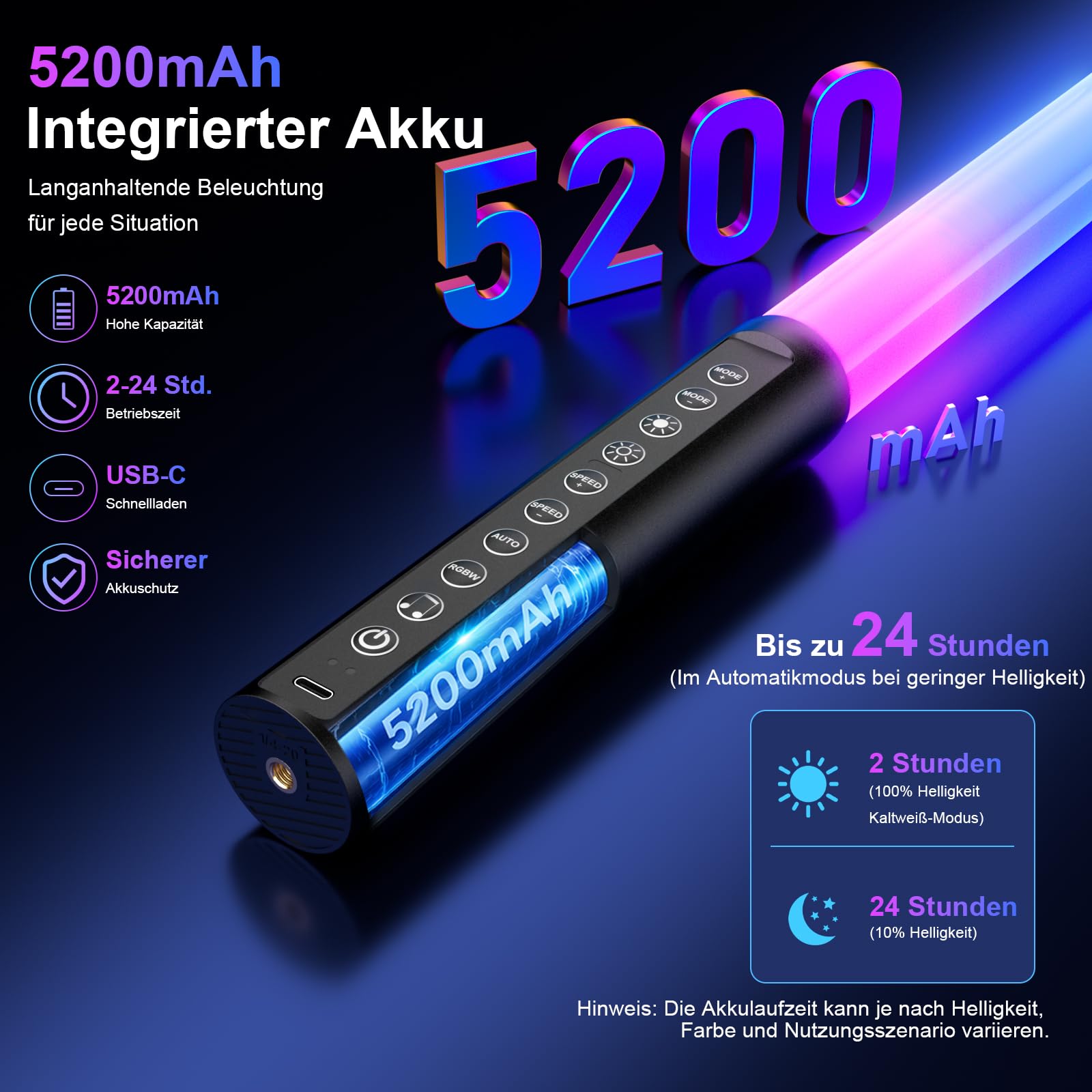 RGB LED Lichtstäbe 4er Set mit Stativ, 120 cm LED Videoleuchte, Musikmodus, 5200 mAh Akku, App- & Fernbedienung, Dimmbare RGB Fotolampen für Streaming, DJ, Party