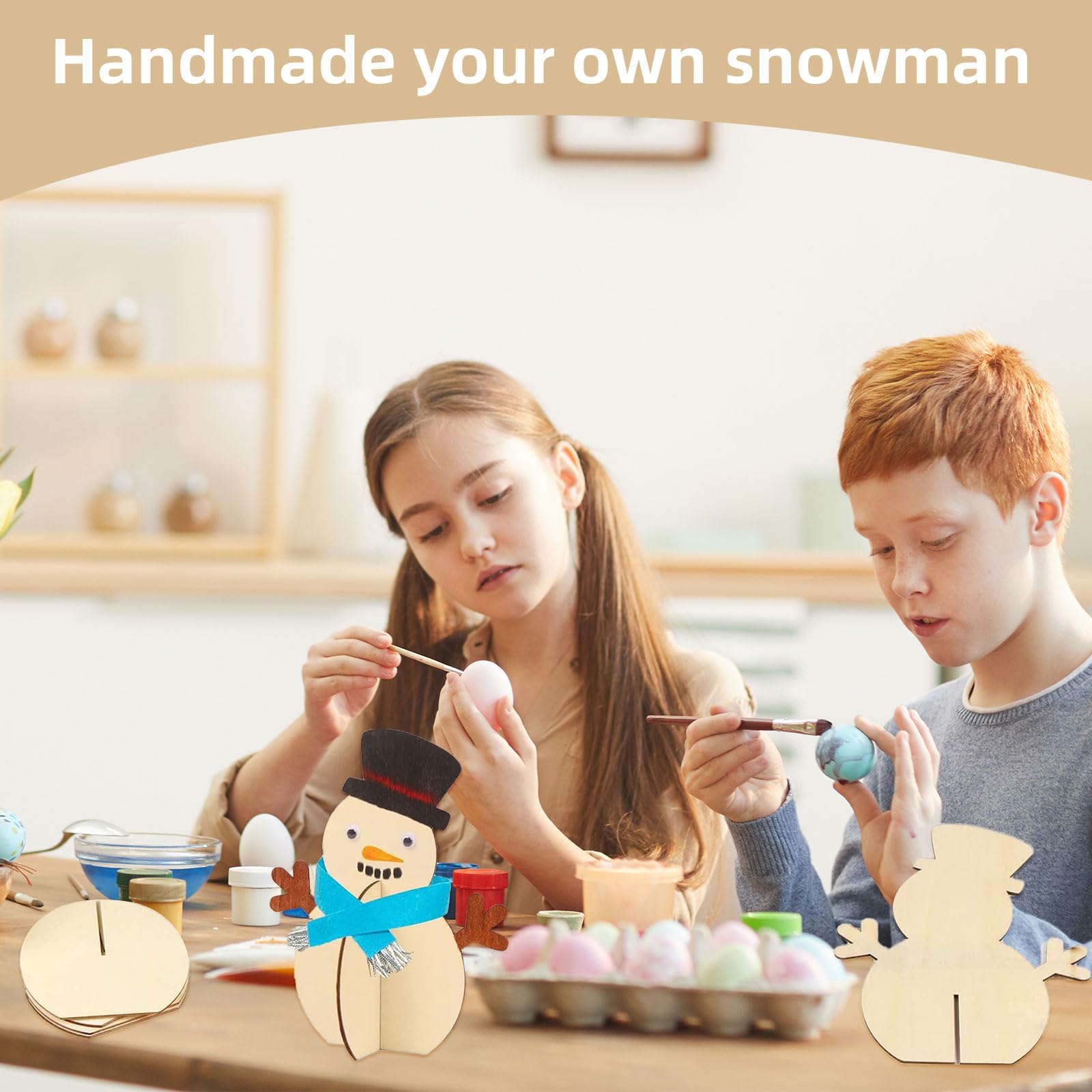 Ajuanbazha 3D Schneemann Bastelset – 10 Holzteile, Aufkleber, Glocken & Hanfseil – DIY Weihnachtsdekoration