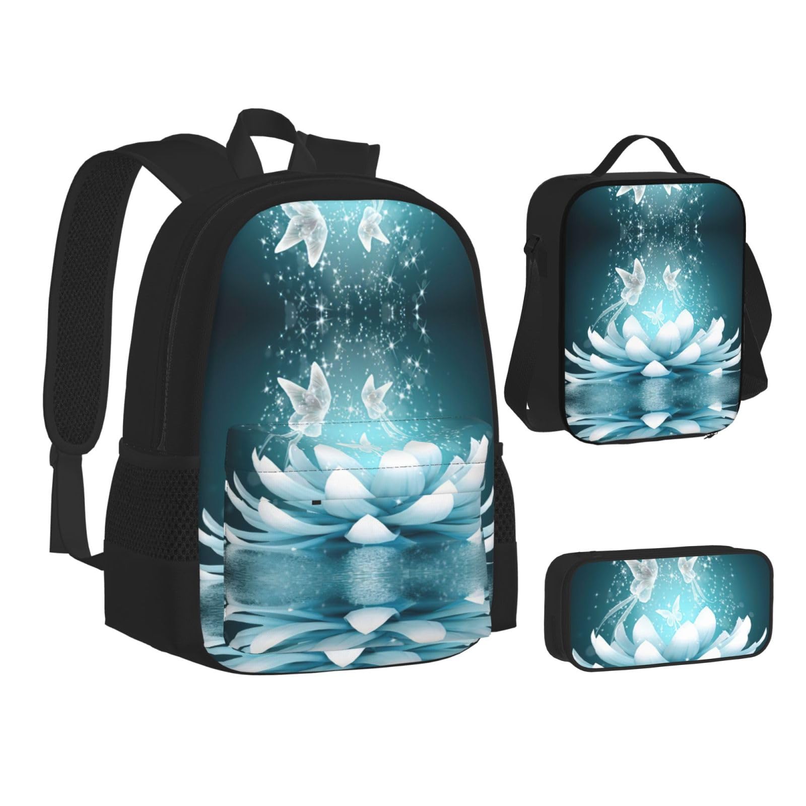 Juego de 3 mochilas escolares con estampado de flores de loto, mochila para laptop resistente al agua de gran capacidad con bolsa de almuerzo aislada y estuche para lápices para adolescentes