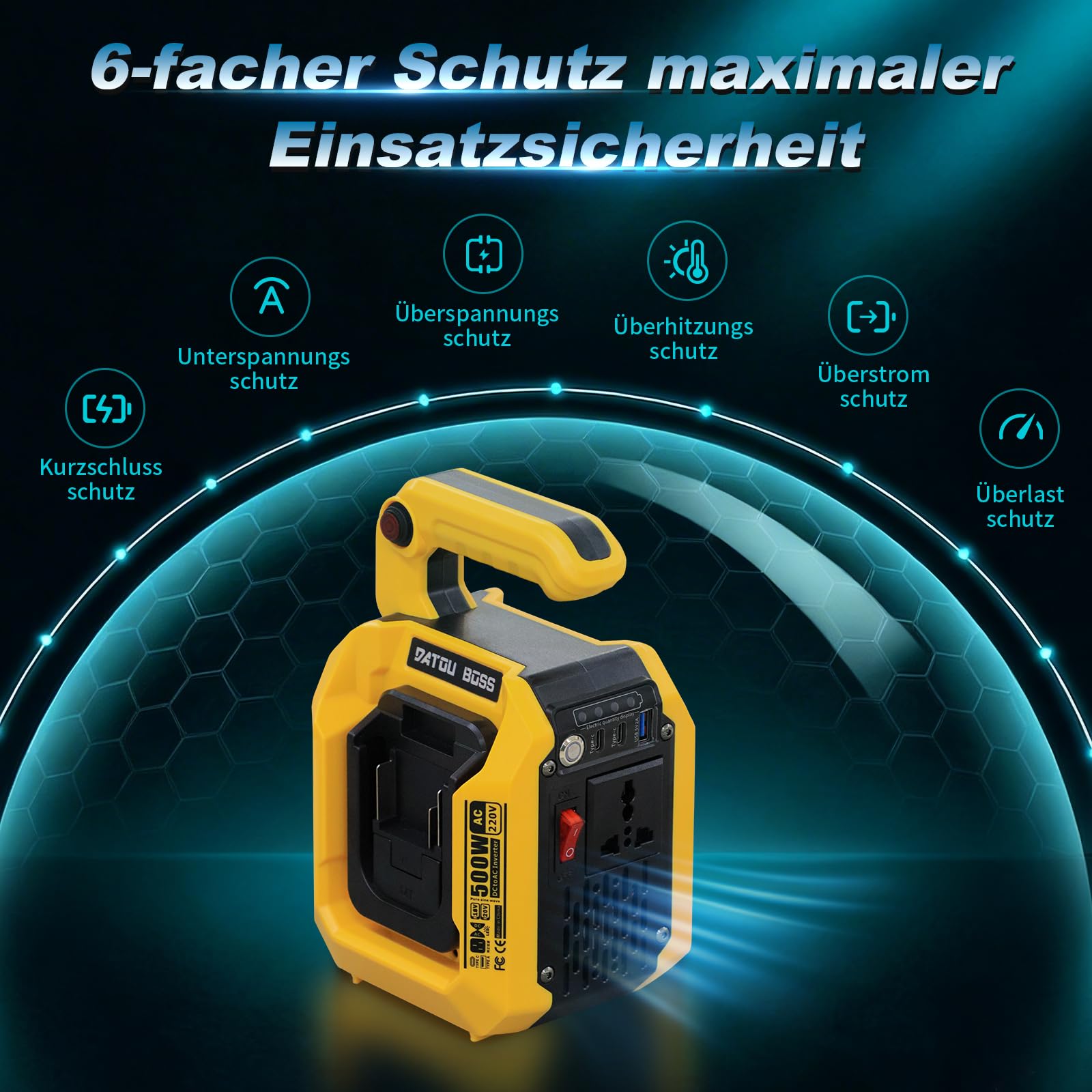 DATOUBOSS Falownik akumulatorowy 500 W, 18 V, czysty sinus, przetwornica napięcia 230 V, z gniazdem UE, USB-C/USB-A, kompatybilny z akumulatorami przesuwnymi 18 V (podobny do BL18xx tylko referencyjny