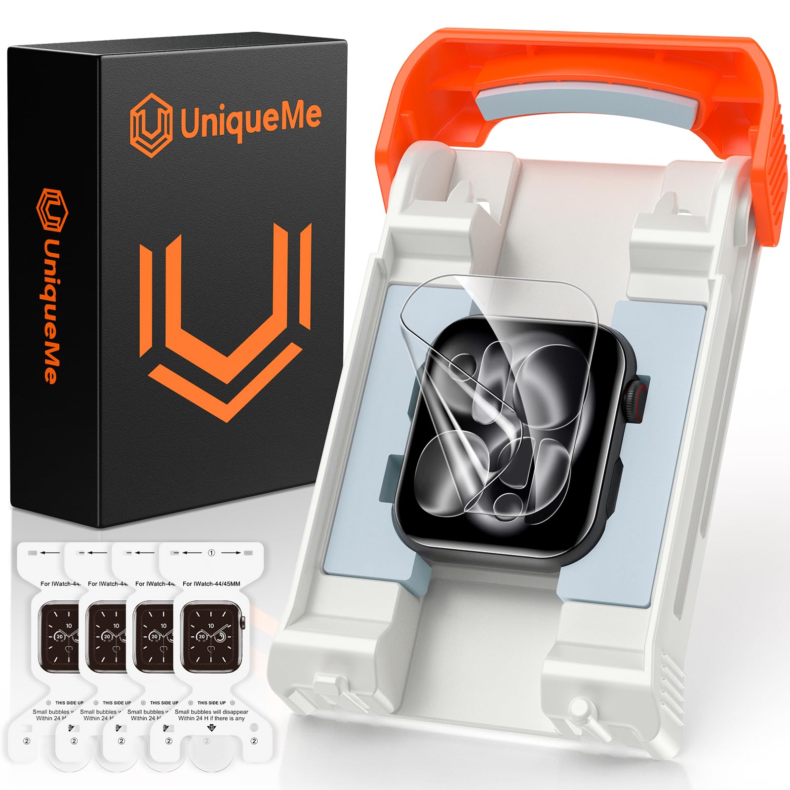 UniqueMe für Apple Watch Series 9/8/7/SE3/SE2/SE/6/5/4 44/45 mm - Folie | 4 Stück EPU Displayschutz Kompatibel für Apple Watch 44/45mm, Staub und Blasenfrei, HD Schutzfolie, Einfache Installation