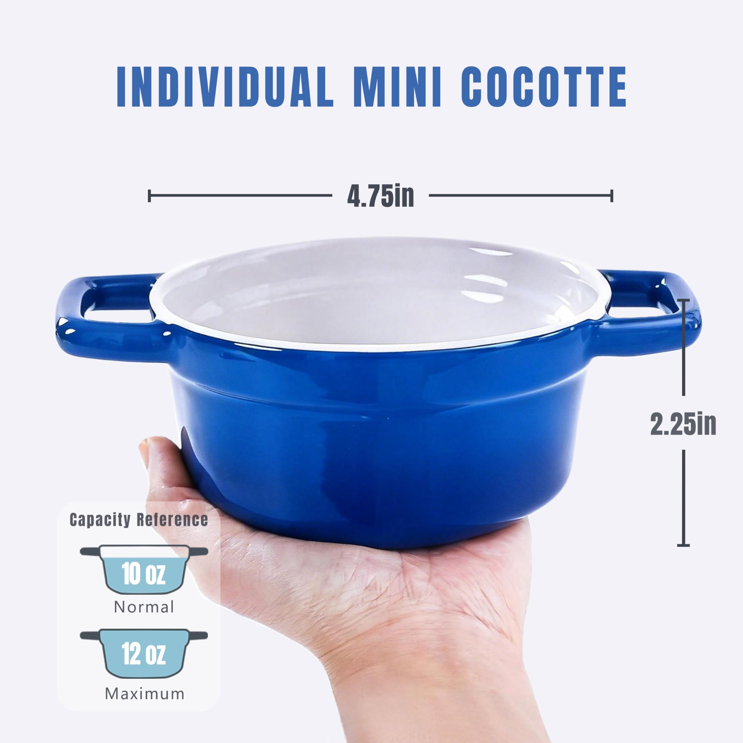 Lareina Mini Cocotte - Cacerolas de cerámica de 12 onzas - Juegos de cacerolas de cocina con asas y tapa - Ramequines pequeños para hornear - Apto para horno, microondas y lavavajillas - Juego de 4 -