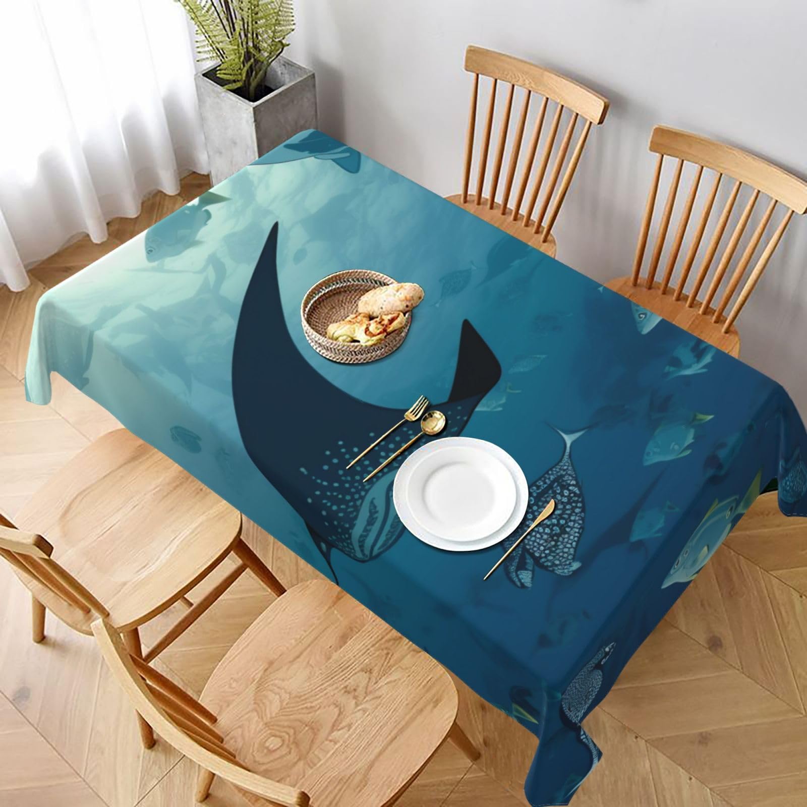 WPKJU Manta Ray and Fish Printed Tablecloth 60x90 in Water Resistant Table Cover Washable Rectangle Table Cloth for Dining Tables