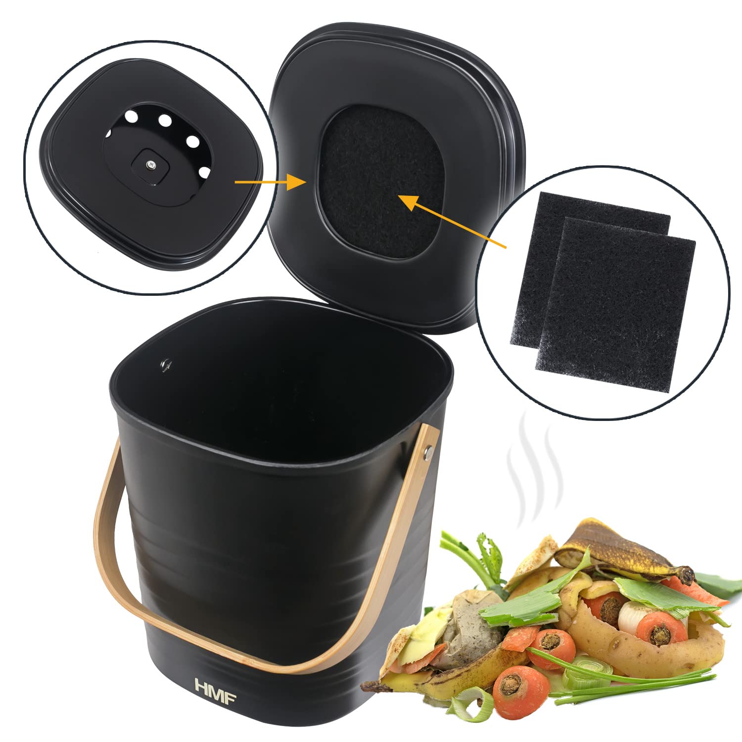 HMF Sustainable Organic Kitchen Waste Bin, 3L, Black (Bamboo Fiber, Corn Starch) - Image 2